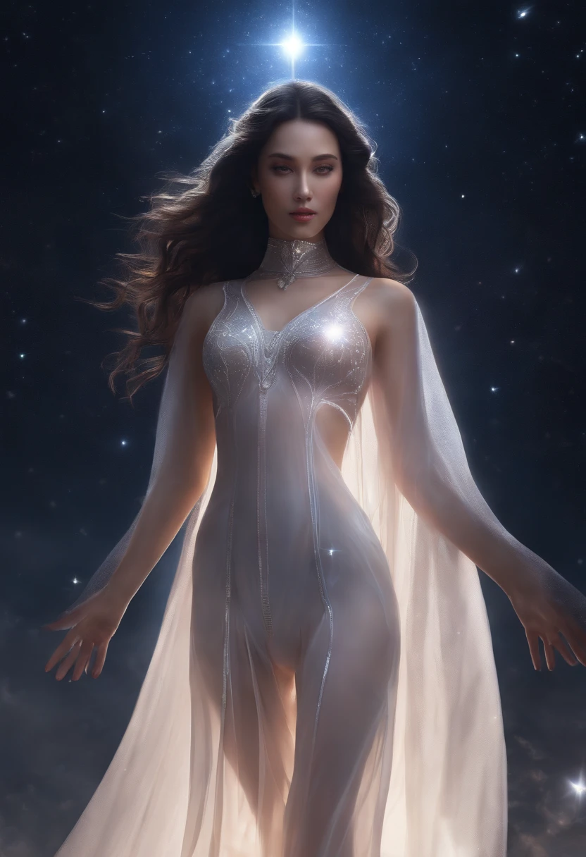 Masterpiece, Beautiful goddess of the void, Standing in white transparent clothes under the empty night star, Disappearing transparent pants, Full body standing, Tall figure, Slender legs, Facial details, Detailed body part details, 8K wallpaper