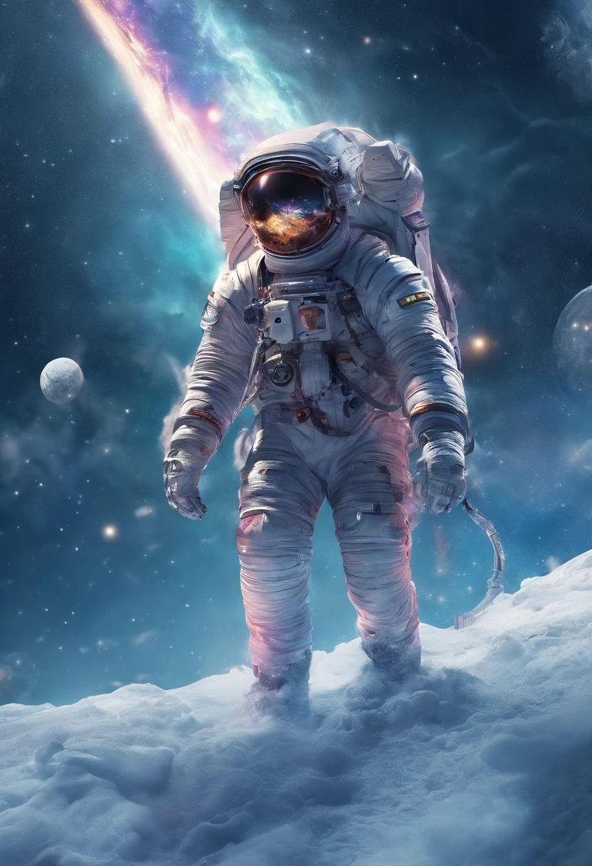 There was an astronaut carrying a backpack and a stick climbing a snowy mountain, key art, stefan koidl inspired, Inspired by Władysław Stžeminski, Cinematography concept art, inspired by Mike Winkelmann, weta, inspired by Marius Borgeaud, author:Matthias Koroth
