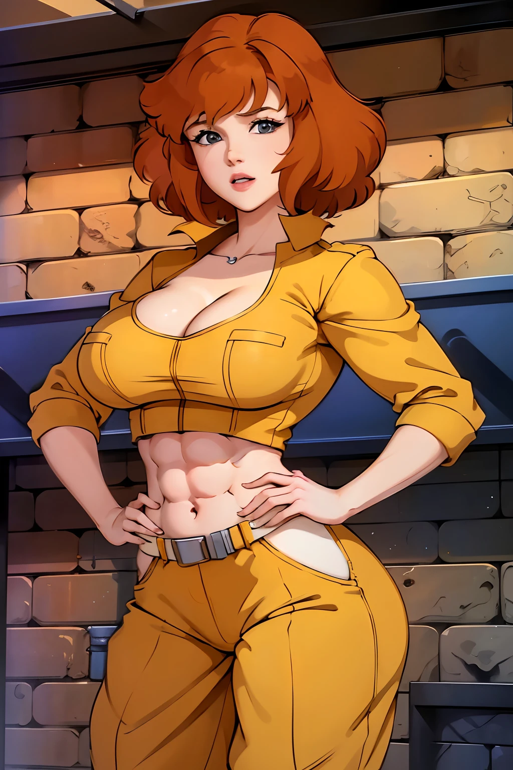 Cowboy shot, April O'Neill, 1980s \(style of\), 1girl, Very muscular girl, brown hair, orange hair, retro artstyle, Short hair, Yellow jumpsuit, Hip jumper suit, big_, big biceps, wide hips, cleavage