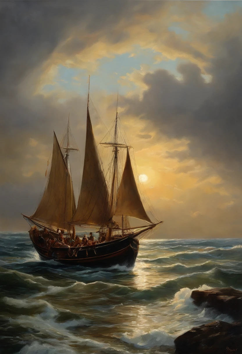 Real picture((oil paint ))Landscape painting,acrycle painting,Brush Strokes,With unparalleled realism,ultrawide,ominous skies,Sail ships,1 Wooden boats fill with many fishes,Lotus,Huge waves,Starry night,Clearing,Realistic,james gurney,art stations,((The oil paint on was applied))