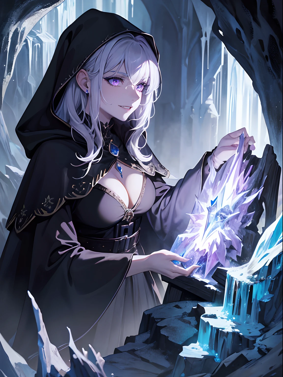 Masterpiece, close up, fantasy world, medieval setting, cave, dark, ice cave, ice, adult woman, evil, witch, purple eyes, white hair, medium messy hair, wicked grin, narrowed eyes, black cloak, jewelry, cleavage, black cape, ice magic
