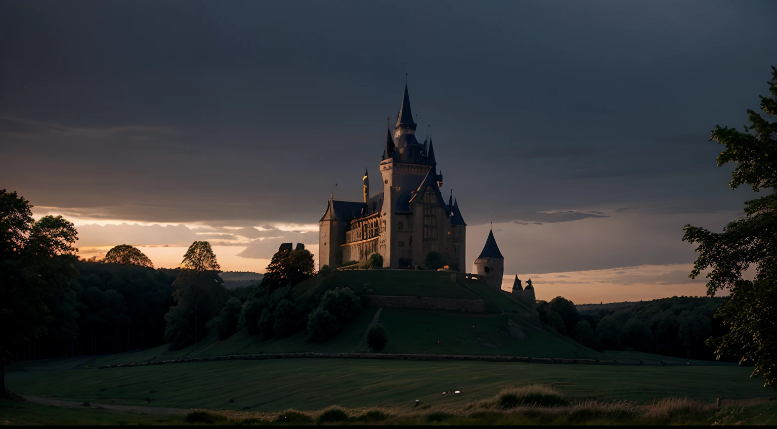 medieval castle, dusk, forest