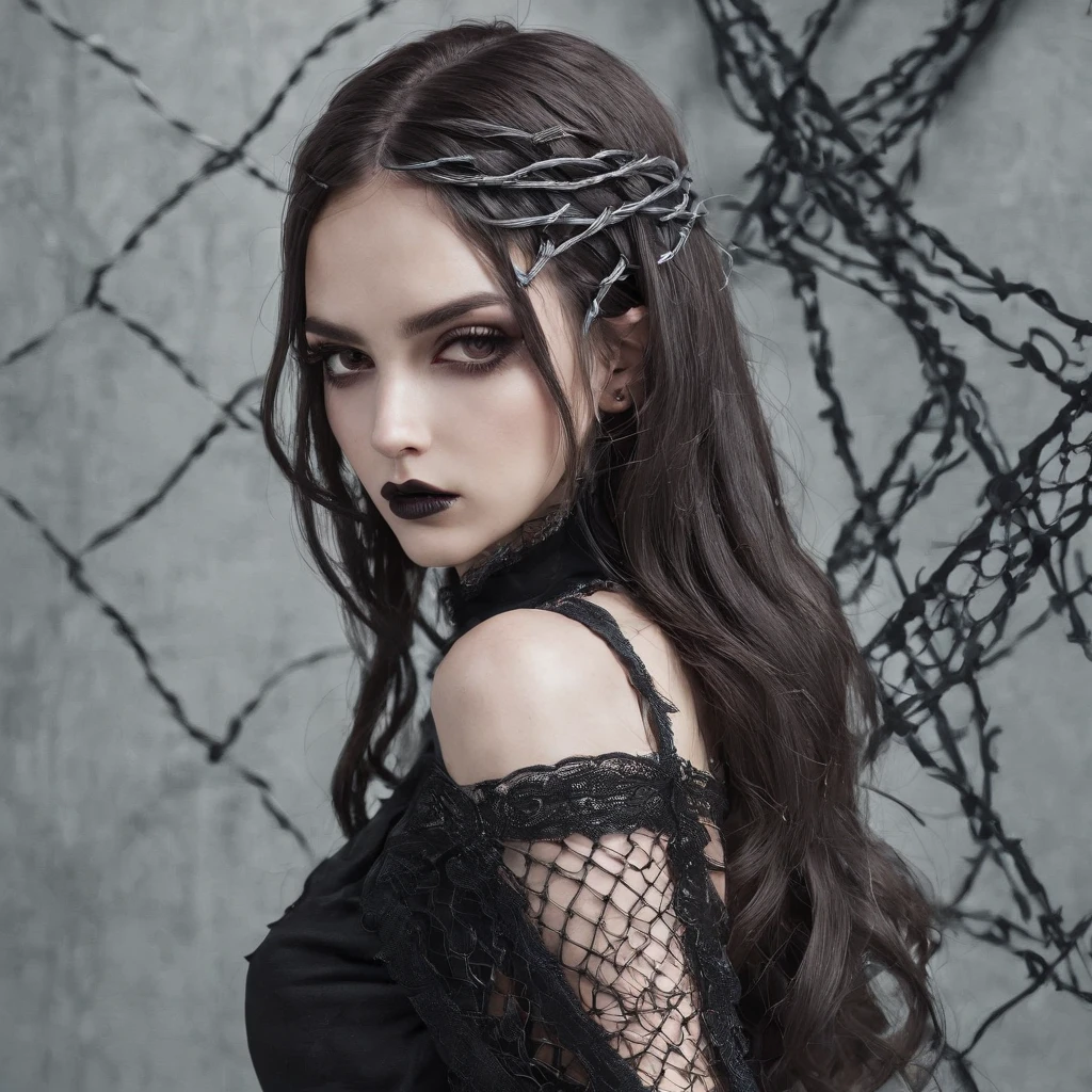 Girl with gothic net symbolic clothes, 。.。.com (Barbed wire of the body) brunette color hair,Gray hair ends