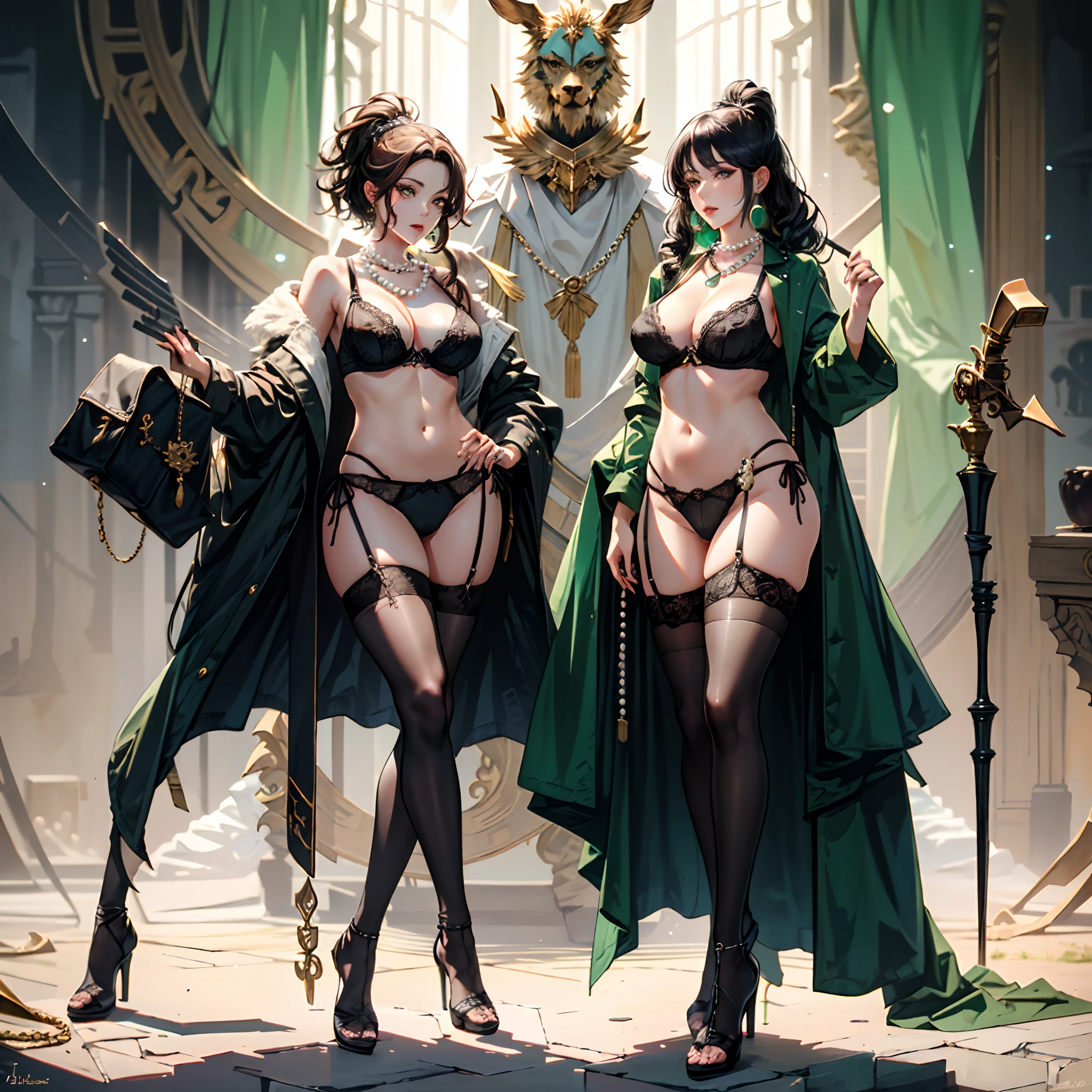 Middle-aged Italian woman,Italian face,Delicatemakeup,Sexy and feminine,Wrinkles at the corners of the eyes,with long coiled hair,Big chest with a strong chest,White pearl necklace,Green lace bra,Green transparent panties,black lence stockings,black heels,Tall and tall,Stand up