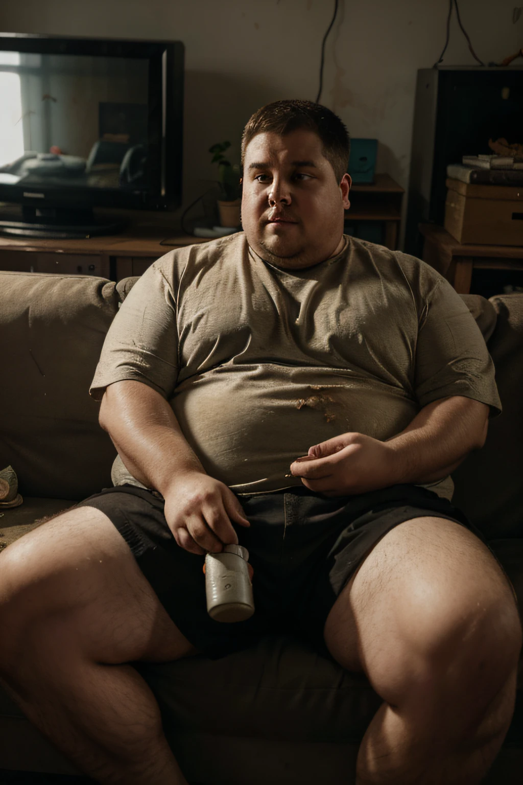 An image of an obese man sitting on an old sofa in a dirty environment with food strewn about, Holding a remote control in my hand and watching a television