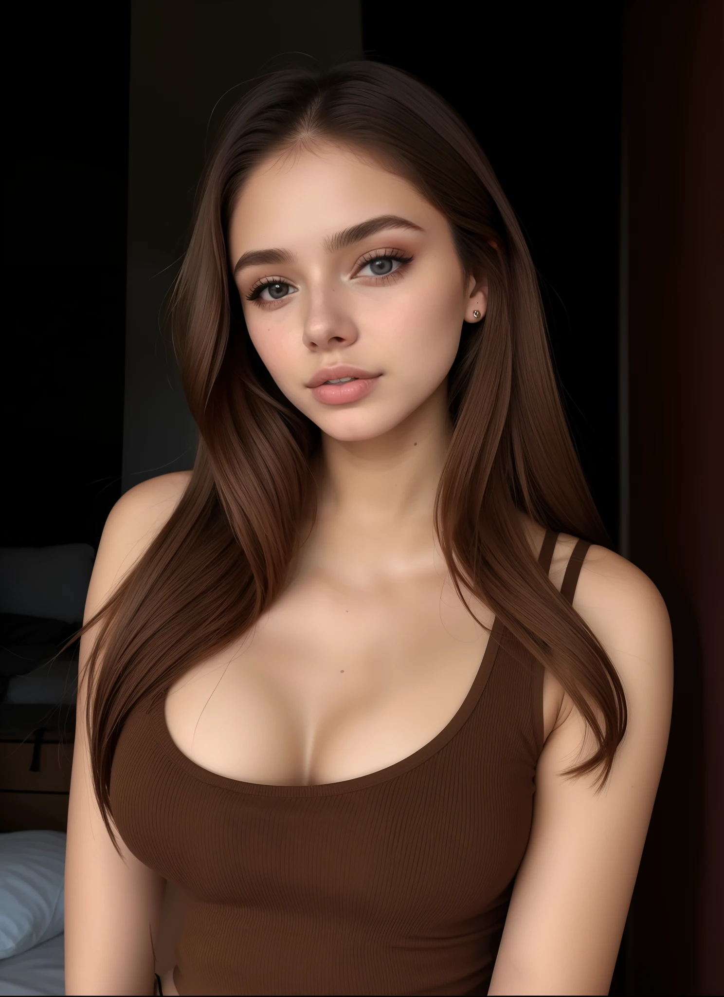 A closeup of a woman in a basic brown top posing for a photo, Retrato Sophie Mudd, cabelos castanhos e um corpo perfeito, mulher jovem bonito, good young girl, lindo modelo jovem, mulher jovem muito bonita, Uma bela jovem mulher, menina jovem bonita, menina atraente, 18 anos, Anna Nikonova aka Newmilky, 2 Modelo feminina de 4 anos