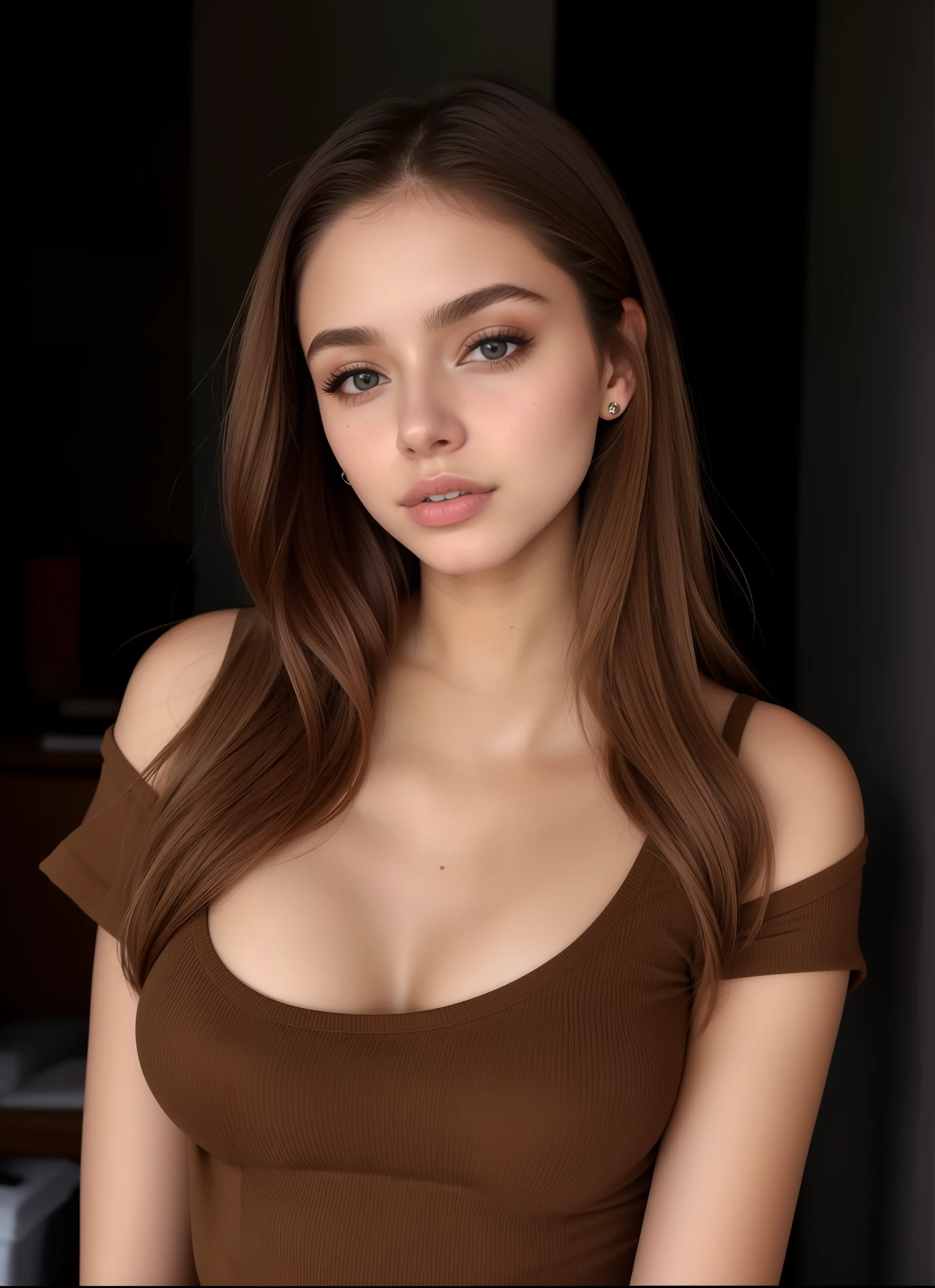 A closeup of a woman in a basic brown top posing for a photo, Retrato Sophie Mudd, cabelos castanhos e um corpo perfeito, mulher jovem bonito, good young girl, lindo modelo jovem, mulher jovem muito bonita, Uma bela jovem mulher, menina jovem bonita, menina atraente, 18 anos, Anna Nikonova aka Newmilky, 2 Modelo feminina de 4 anos