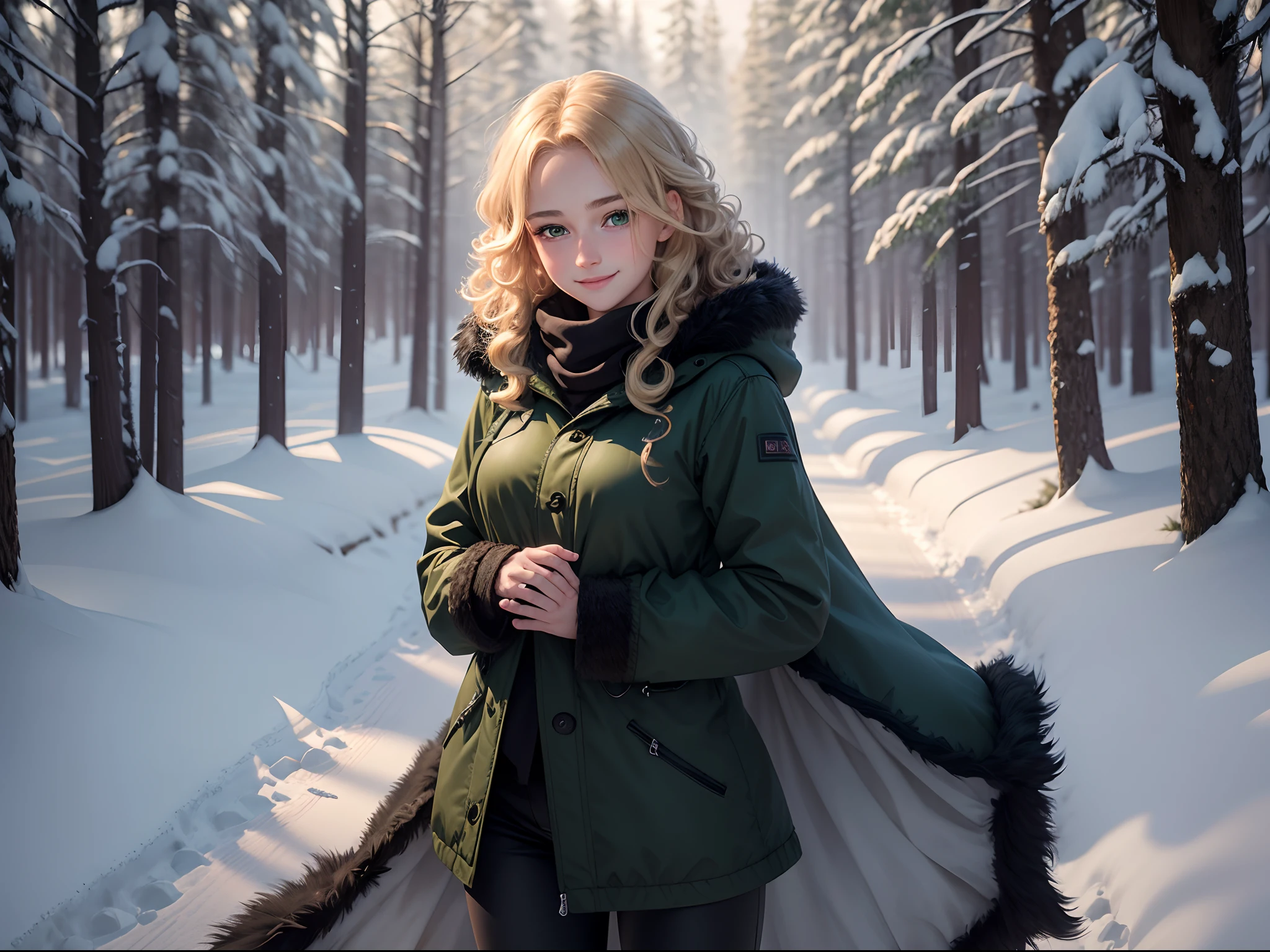 realistic, 8k image of a 15 year old girl, curly blonde hair, gorgeous, extremely detailed green eyes, dressed in a black coat and black pants, smiling shyly, standing in a clearing in a snow-covered forest, pure expression, Morning , anime style art