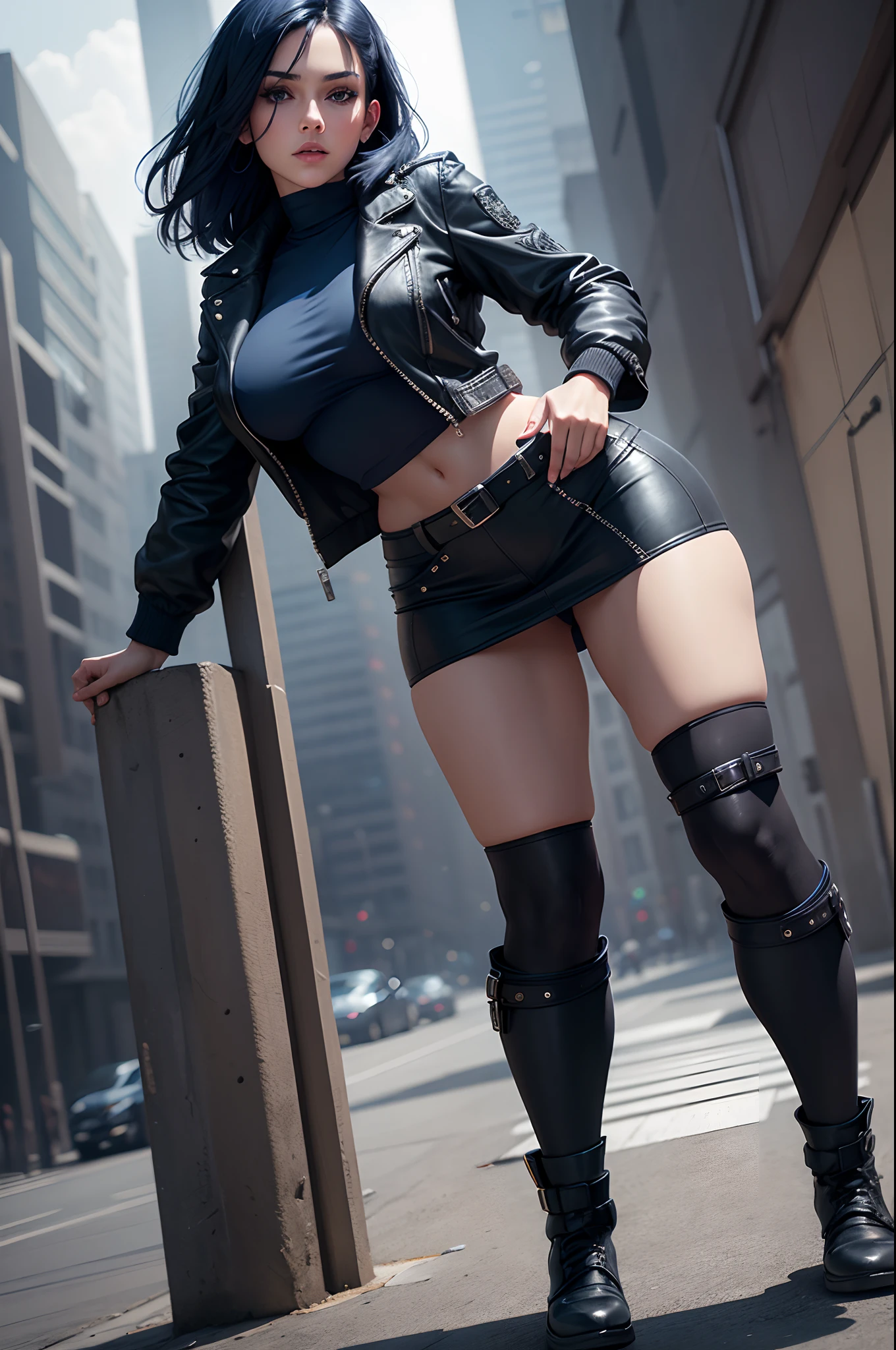 Perfect art, FHD, Highly resolution, solo woman, beautiful woman, dark blue hair is short and soft, beautiful face and detailed eyes , leather short jacket, she is standing, skirt, black long socks, normal breasts, serious face, perfect sexy body, normal view, apocalyptic background.