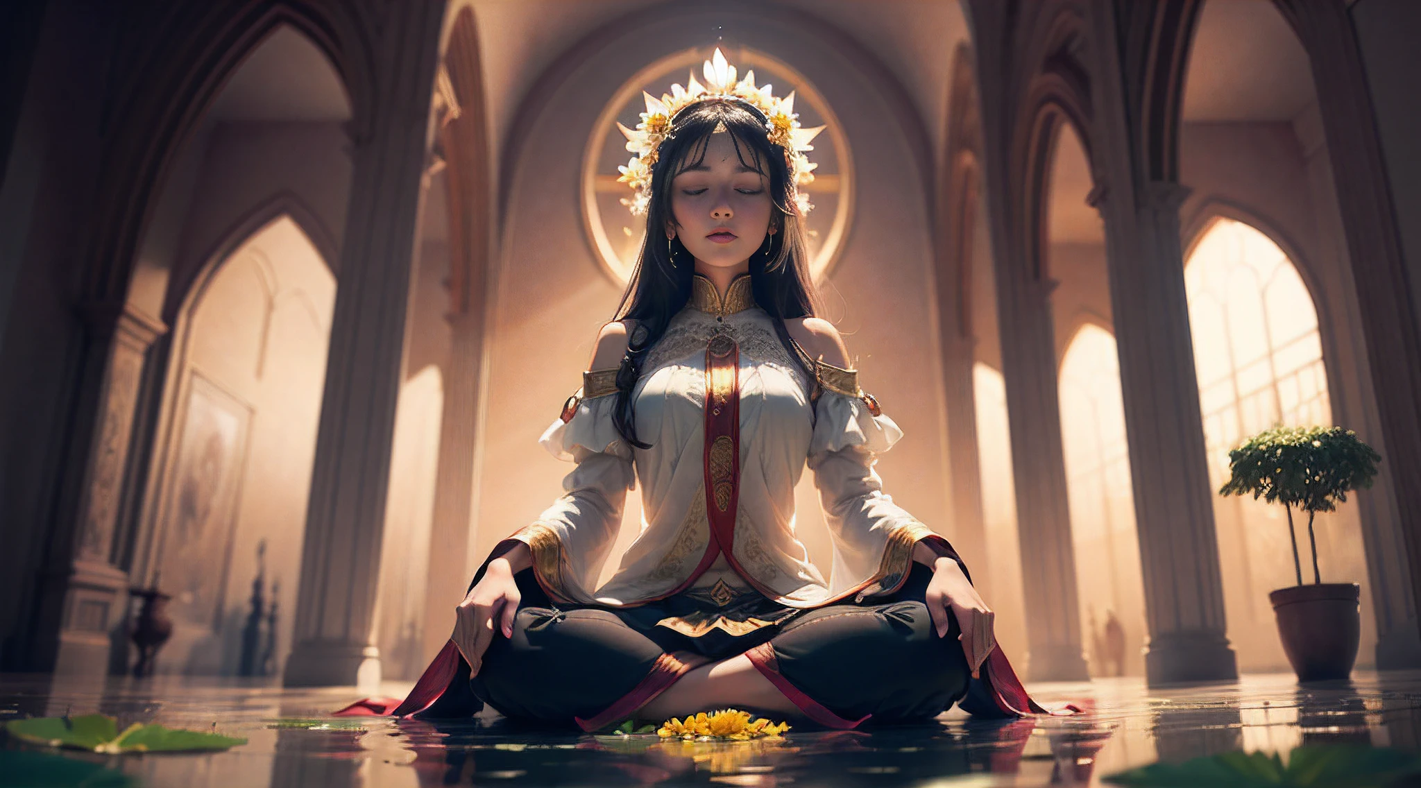 Surrounded by a golden circular halo, Sit cross-legged, Lotus pond, (Sit on a huge golden lotus:1.2), Woman meditating in meditation, White clothes White pants, Frontal image of the vista, clouds, lifelike texture, happy laughing, (extremely detailed CG unity 16k wallpaper:1.1), ((ultra-detailed)), cinematic angle, beautifully detailed sky, god rays, cinematic lighting, (bloom), drop shadow, panorama, wide shot, (((best quality))), (((masterpiece)))