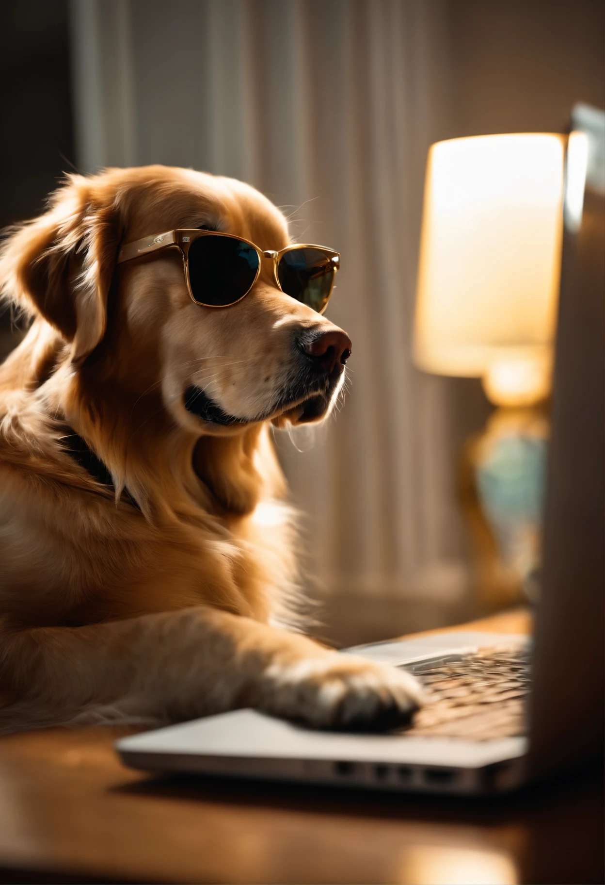 Golden Retriever con gafas de sol, sentado usando un ordenador, room with LED lighting, feliz