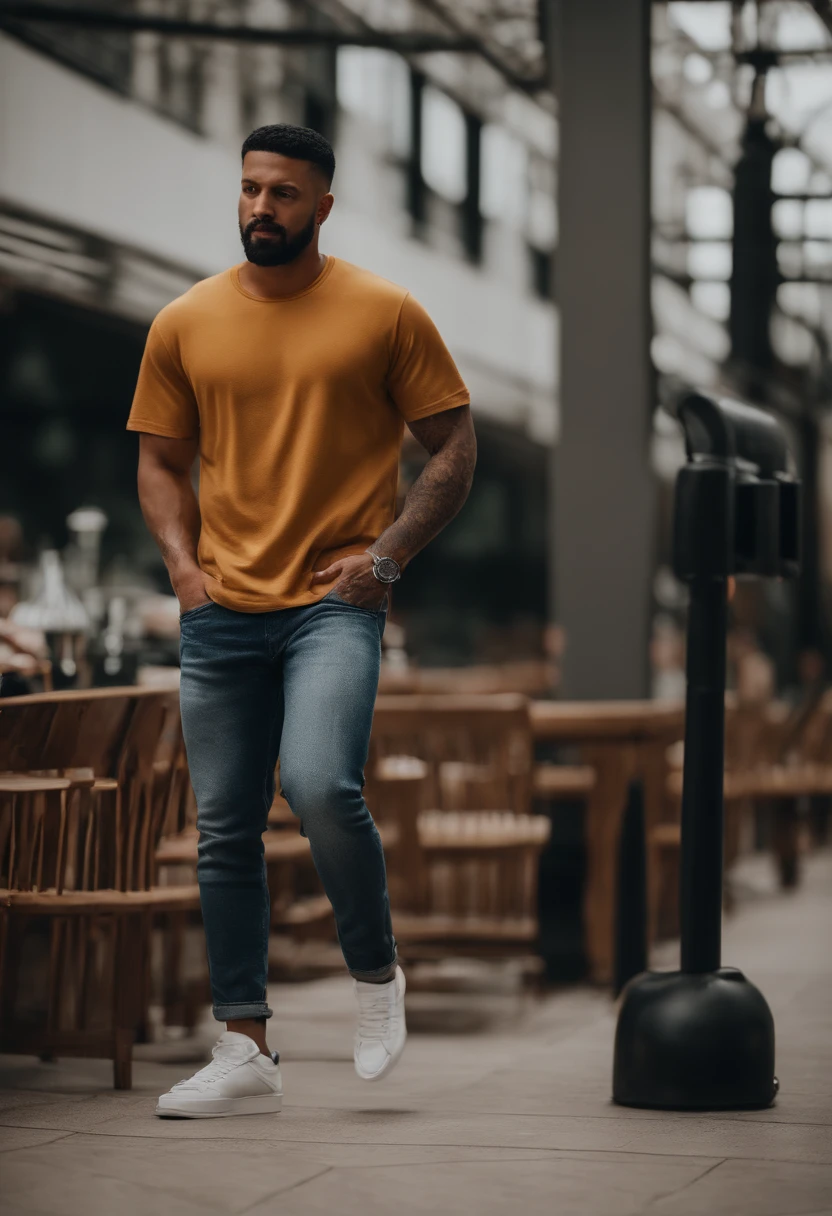 The man should be standing in front of a white background. He should be wearing a black T-shirt, jeans, and sneakers. He should have short black hair and a beard. His tattoos should be visible on his arms and chest.
The sneaker should be a white Nike Air Jordan 1. It should be clean and new. The hamburger should be a large, juicy hamburger. It should have a sesame seed bun, two beef patties, cheese, lettuce, tomato, and pickles.
The image should be rendered in a realistic style. The man and the objects should be well-defined and have a smooth surface. The colors should be vibrant and accurate.