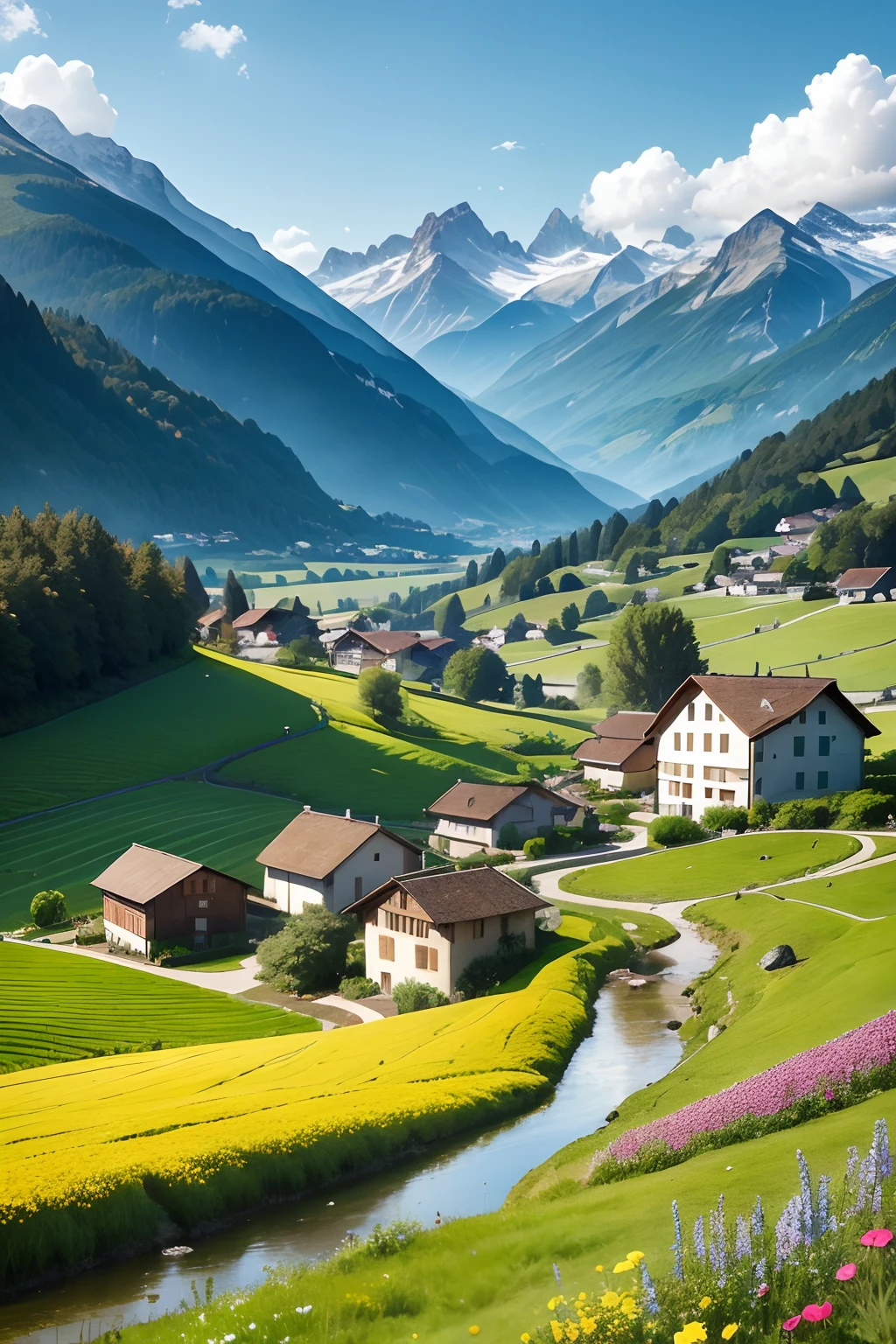 Tranquil and idyllic countryside, Colinas verdes pontilhadas de ovelhas pastando, Moradia de charme,Situado em meio a flores vibrantes, Clear blue sky above, Evokes a sense of peace and simplicity, Vale encantador, Switzerland, manchas de campos verdes, Campo exuberante, Vale exuberante,An idyllic village in Milan,,Campos verdes verdejantes,acima de uma aldeia,Rolling terraces,Jardim colorido de flores e plantas,Alpine scenery in the Swiss countryside under the Alps,Carl Sessel Berna,Natureza majestosa, Swiss architecture, lindo cenario, rios,cachoeira