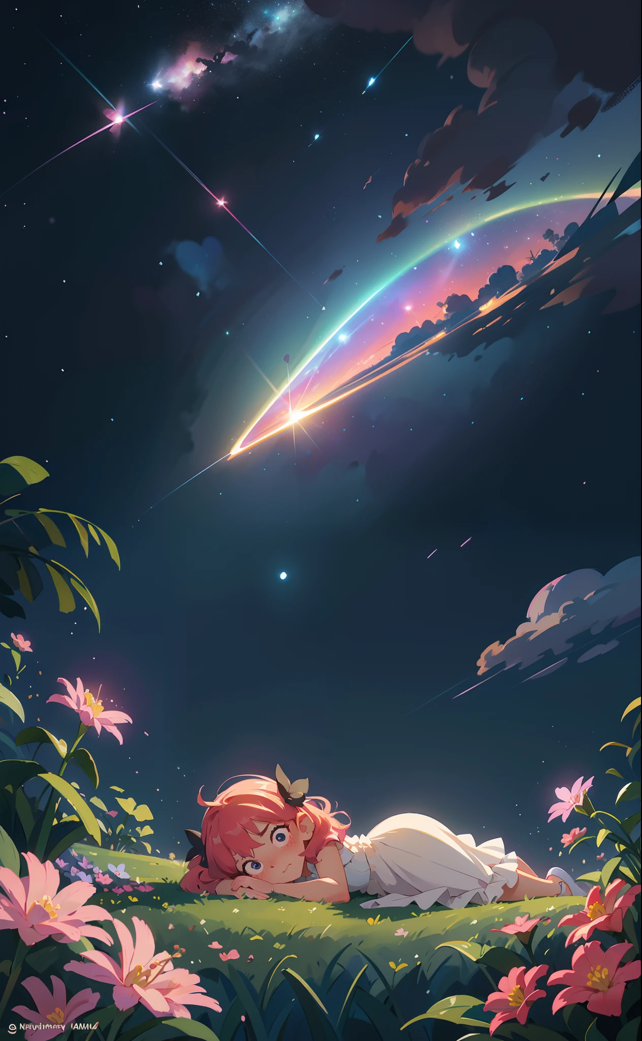 Cute as a dream、a pale, (​masterpiece、top-quality、top-quality、watercolor paiting(Curly)、Take a cute cat、Official art、Beautifully Aesthetic:1.2)、(a beauty girl:1.3)、patterns、Soap bubbles、Rainbow behind、​​clouds、colourfull、Hair spreads throughout、kawaii、pastels、Large ribbon、Lovely room、Wallpapers, poster, fruit, (several fresh cherries), moist, summer, blue sky, white clouds, HD Detail, Moist Watermark, Ultra Detail, Movie, Hyper Realism, Soft Light, Deep Focus Bokeh, Ray Tracing, --niji 5. crystal, fantasy, galaxy, transparent, shimmering, sparkling, splendid, colorful, magical photography, dramatic lighting, Sweet face, soft smile, sparkling eyes, wallpaper inspired by Your Name movie by Makoto shinkai. Starry sky, masterpiece, black silhouette, perfect anatomy, romantic, Kimi no na wa, extremely detailed faces. Cute faces, perfect faces, masterpiece, 4k, Sweet, blushing, Your Name style, kimi no na wa, starry sky, black silhouette, shadow, Nino Nakano, shoulder length pink hair, butterfly hair ribbons, soft frilly organza dress, flowing white dress, flowers, butterflies, fireflies, soft breeze, enchanting atmosphere, soft pastel colours, diffused dreamy light, pearly nebula, Heart, iridescent, cute, crystal, love, blushing, sweet expression, splendid delicate dress, laying among lillies, blue sky, iridescent clouds, pastels, dark starry sky,