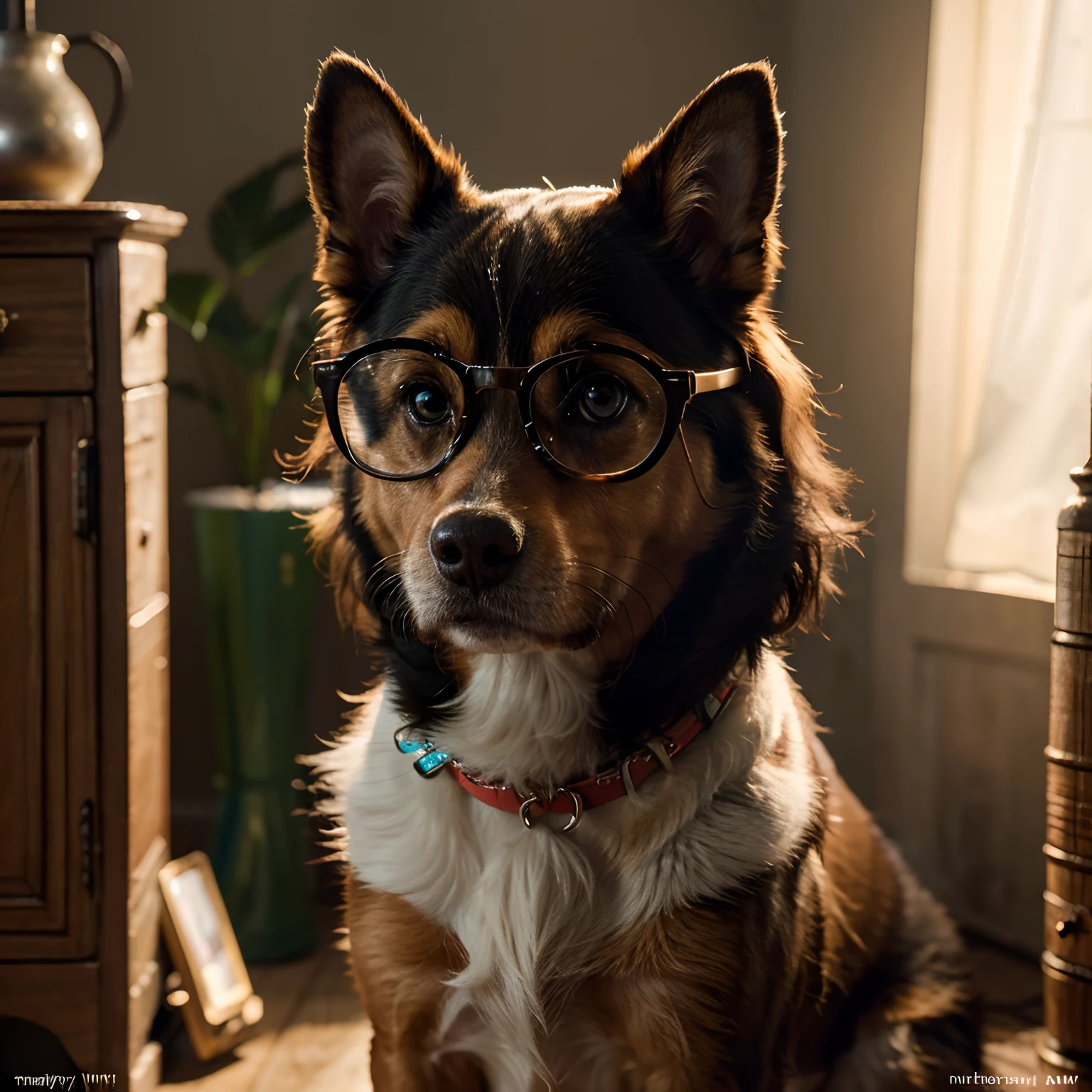 "A dog with glasses"Dog with glasses。
Material:illustratio,oil painting
Additional details:Dog with confident expression,Place the limbs straight,The tail is high,There are bright eyes and a nose。
image quality:(best quality, 4k, 8k, highres, masterpiece:1.2), ultra-detailed, (realistic, photorealistic, photo-realistic:1.37), sharp focus
Art style:Detailed imaginary illustration
Color tones:Bright and highly saturated colors
lamplight:Presents the effect of natural light