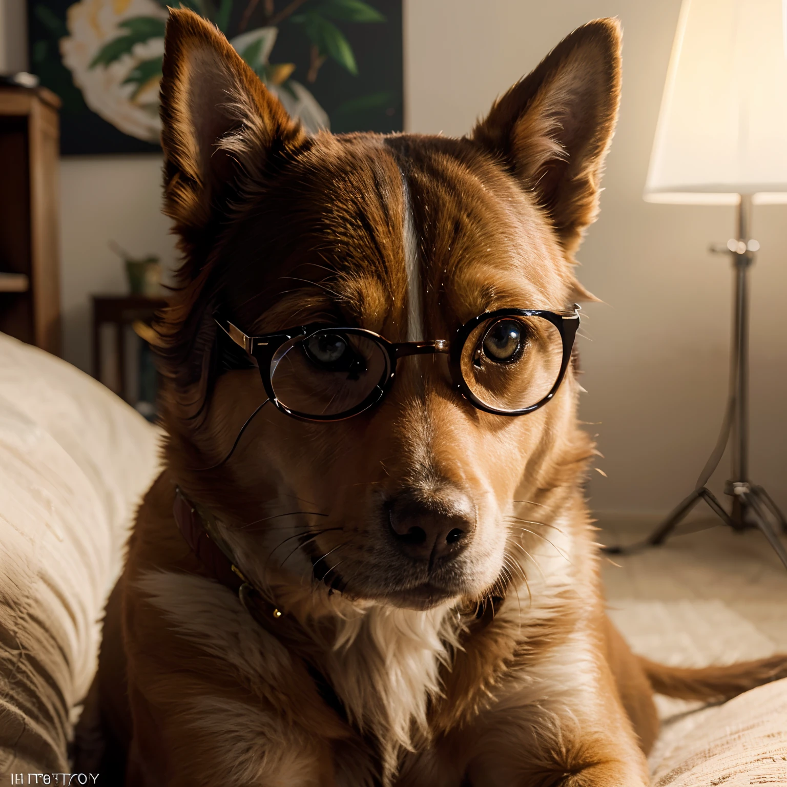 "A dog with glasses"Dog with glasses。

Material：illustratio，oil painting
Additional details：Dog with confident expression，Place the limbs straight，The tail is high，There are bright eyes and a nose。
image quality：(best quality, 4k, 8k, highres, masterpiece:1.2), ultra-detailed, (realistic, photorealistic, photo-realistic:1.37), sharp focus
Art style：Detailed imaginary illustration
Color tones：Bright and highly saturated colors
lamplight：Presents the effect of natural light