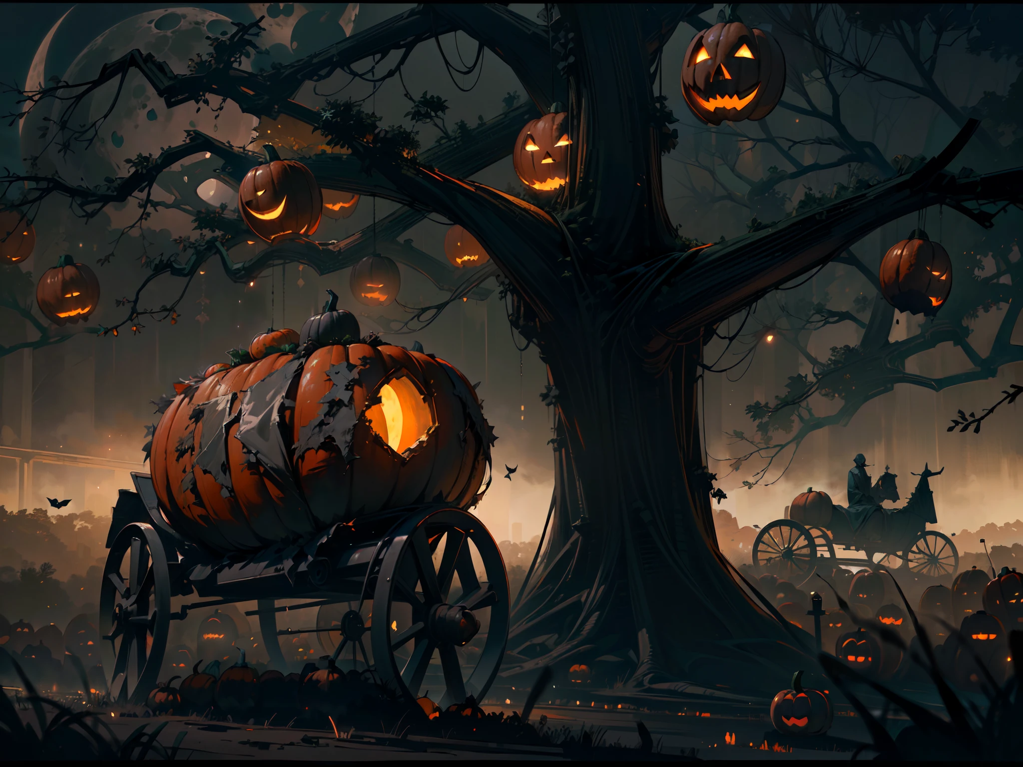 (best quality,4k,8k,highres,masterpiece:1.2),ultra-detailed,(realistic,photorealistic,photo-realistic:1.37),pumpkin carriage,halloween night,nighttime landscape,glowing pumpkins,spooky atmosphere,full moon,creepy trees,shadowy figures,dark clouds,ominous sky,misty fog,haunting ambiance,orange and black colors,dramatic lighting