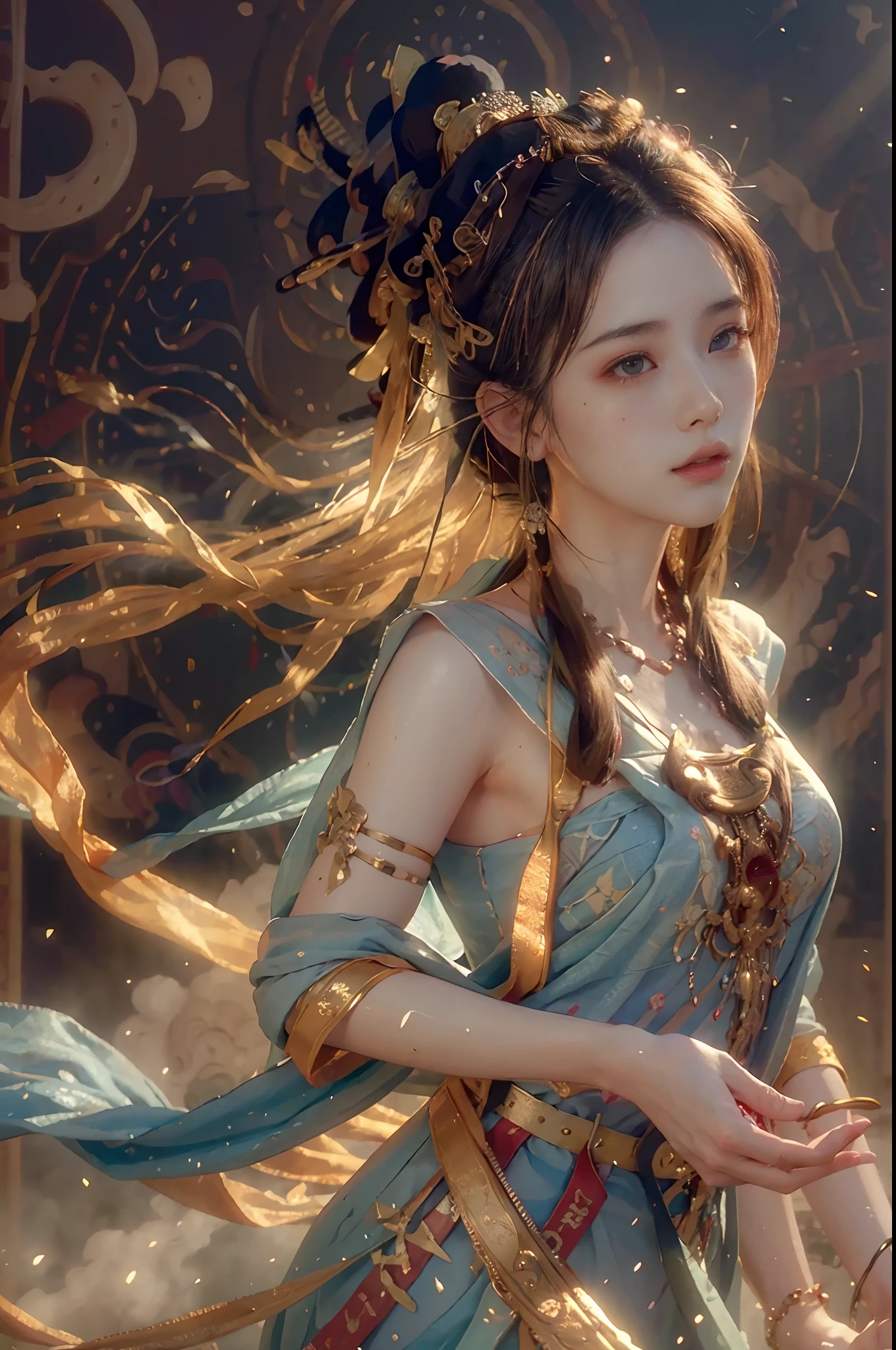 A close up of a woman in a blue dress with a long hair - SeaArt AI
