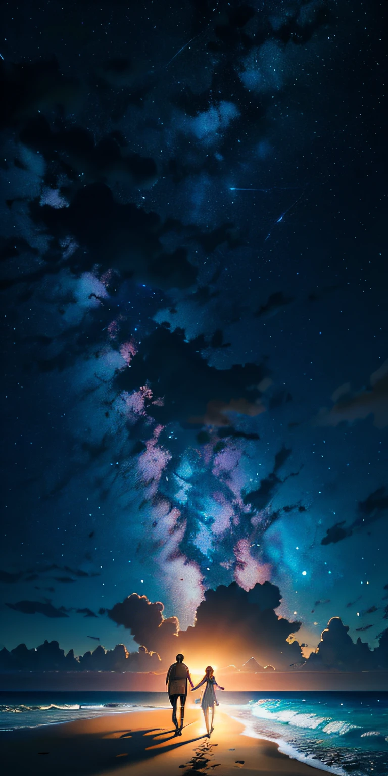 Epic Movie Poster, una pareja caminando en la orilla de la playa, Playa, Palmeras, cielo estrellado, Noche, cielo nocturno, al aire libre, nube, Estrellas, fantasy art, 8 k resolution, Estrella fugaz, Pon vista a la pareja
