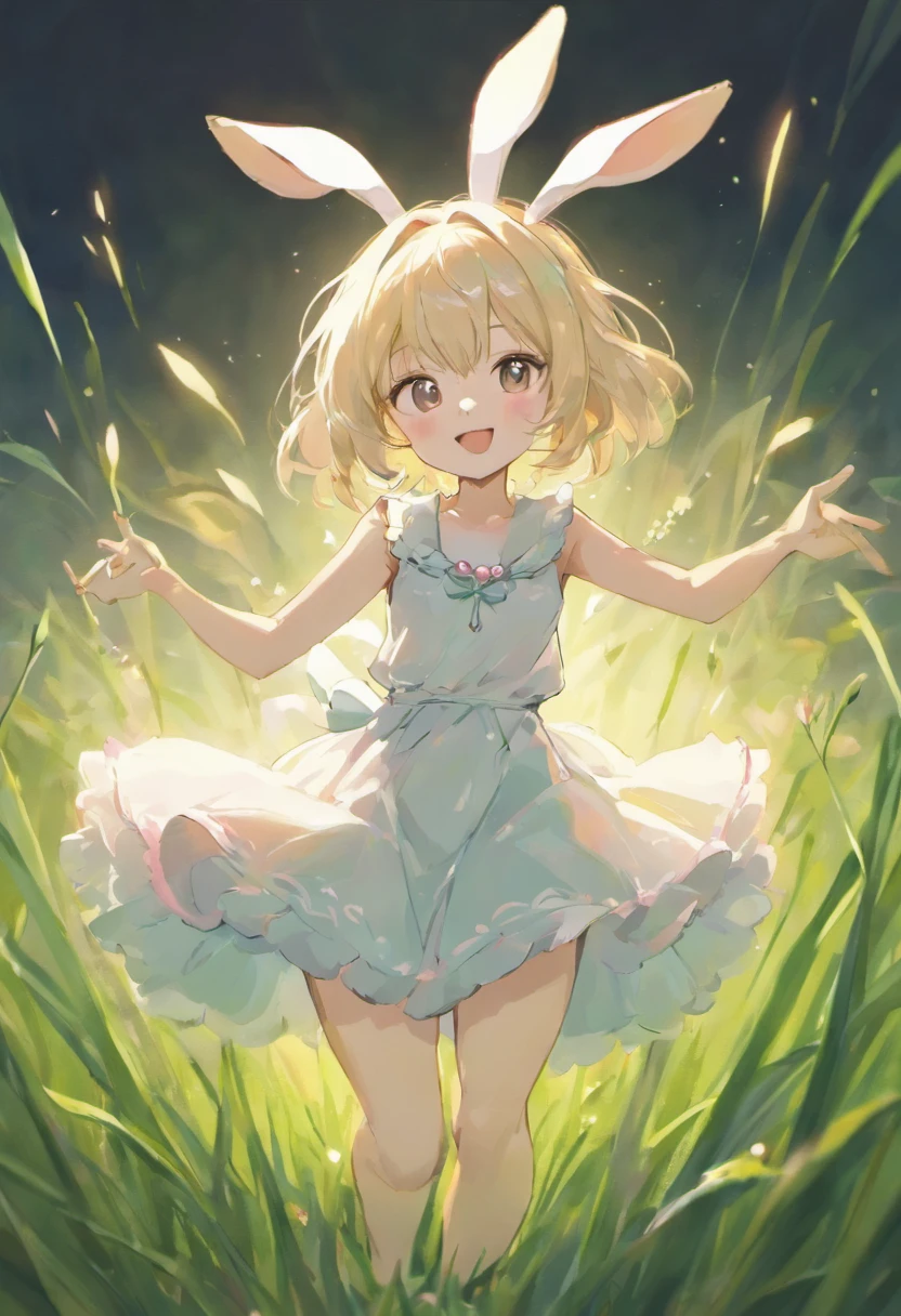 Cute rabbit dancer, is a non-human character, white bandages, pink faux pearl necklace, dancing in long grass, rabbit ears fluttering in the wind, bright smile in the sun, soft and delicate light and shadow, dark background highlighting rabbit, pastel style style filter.