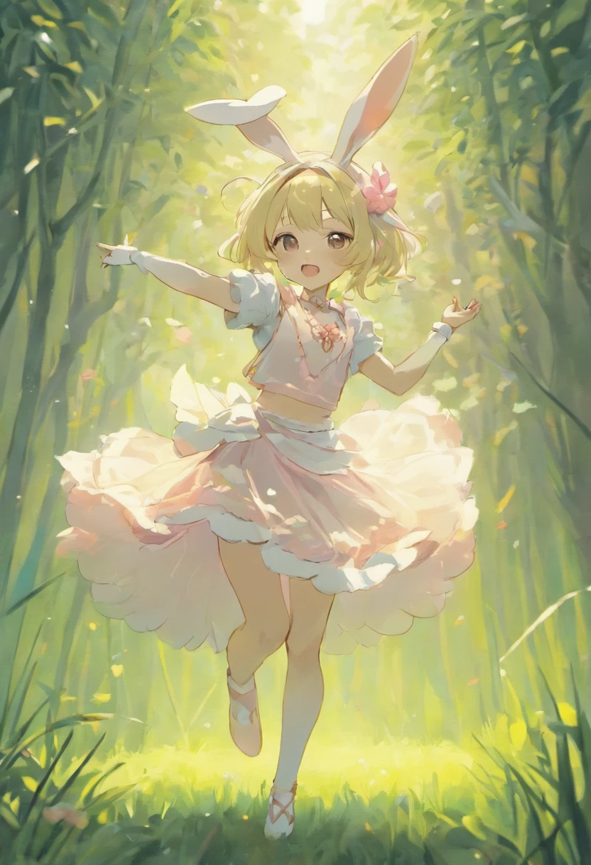 Cute rabbit dancer, is a non-human character, white bandages, pink faux pearl necklace, dancing in long grass, rabbit ears fluttering in the wind, bright smile in the sun, soft and delicate light and shadow, dark background highlighting rabbit, pastel style style filter.