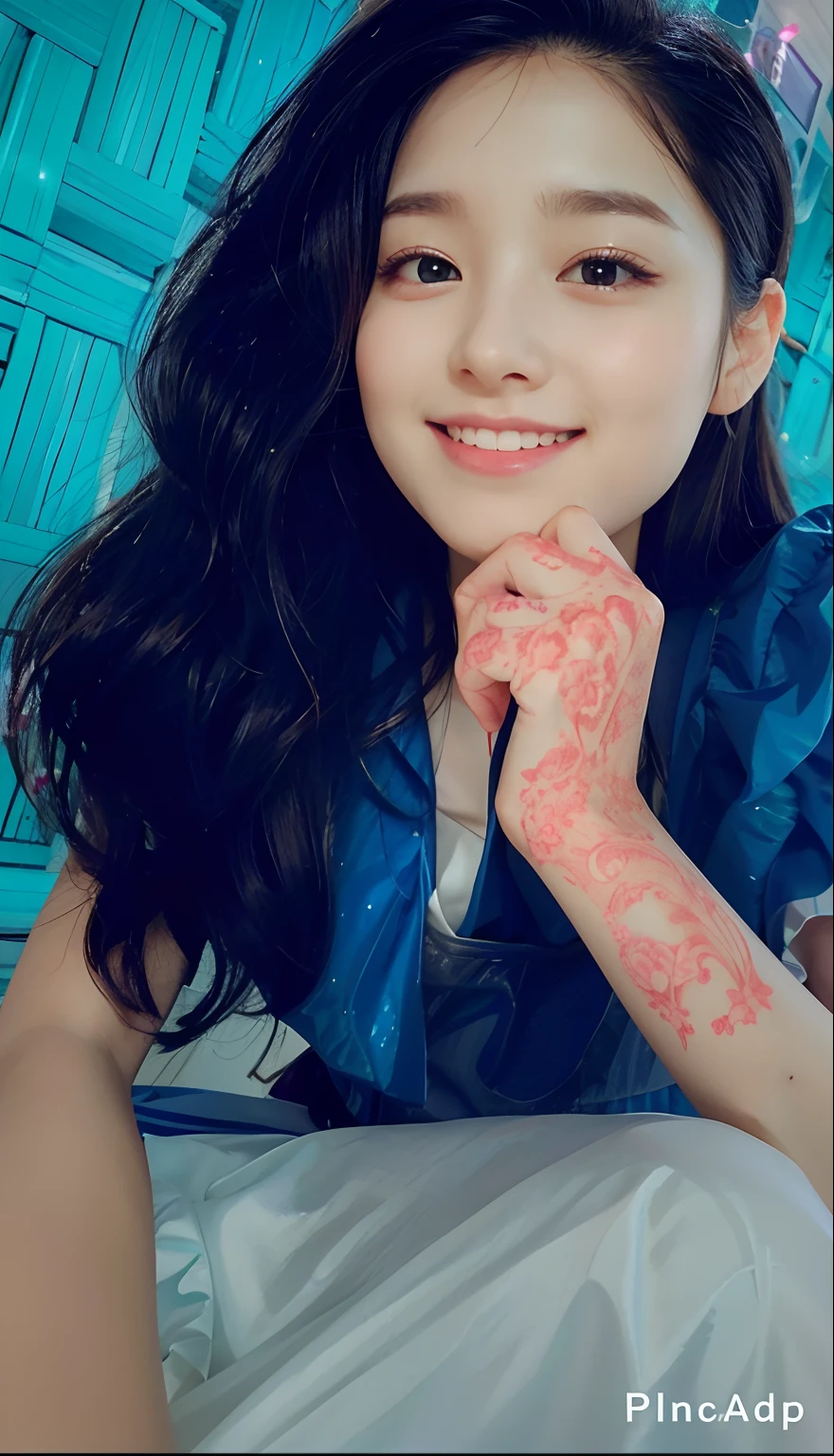 top-quality、超A high resolution、a picture、a photo of a cute girl、Detailed cute and beautiful face、Small face beauty、(pureerosface_v1:0.008)、alice in the wonderland、14years、White shiny skin、Platinum Blonde Super Long Straight Hair、Beautiful big pale blue eyes、disheveled beautiful bangs、White Apron、a blue dress、Playing card pattern background、without makeup