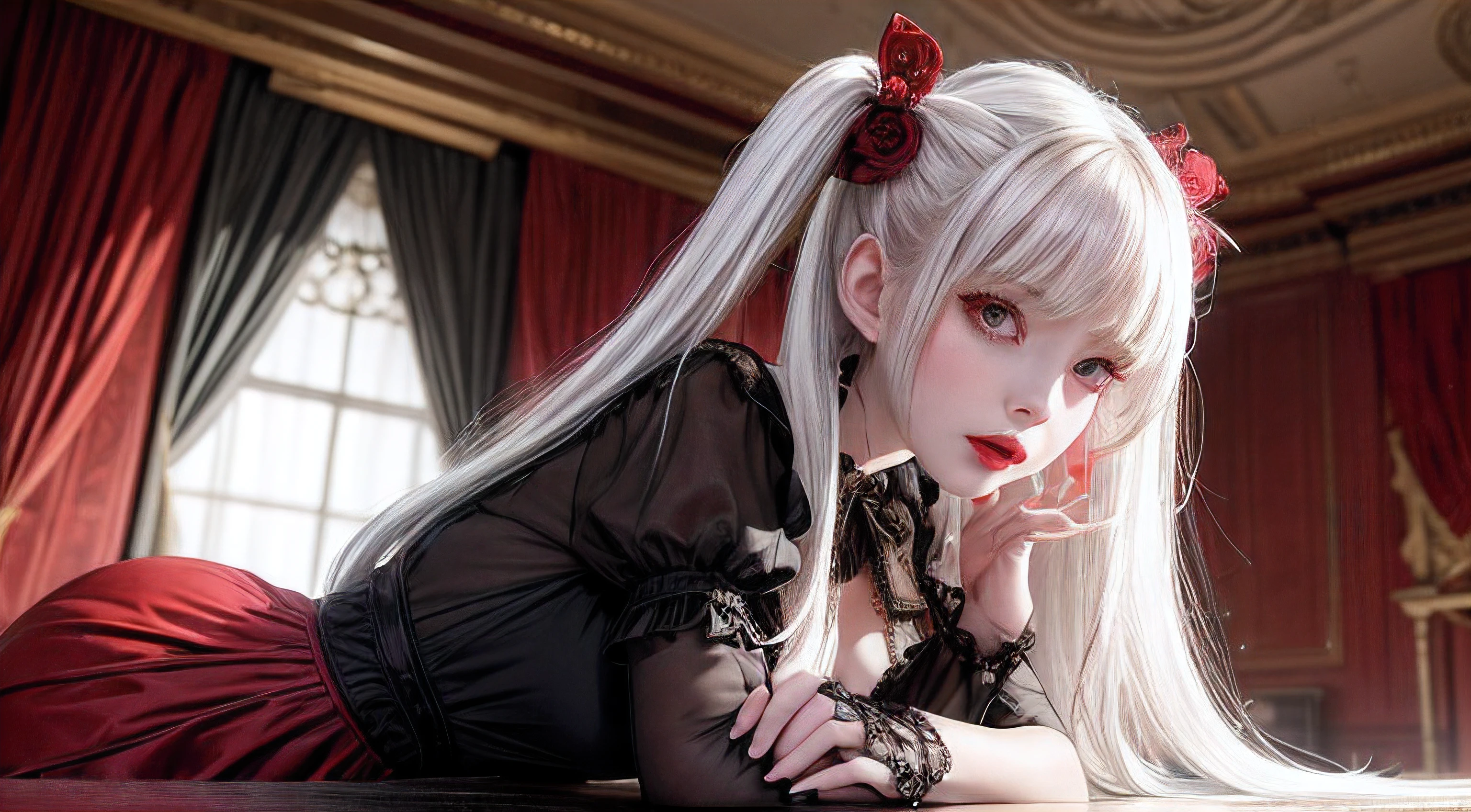add_detail:2, 1girl, (pale skin:1.3), red eyes, glowing eyes, long hair, white hair, lipstick, twintails, long black dress, frilled dress, intricate details, red details, victorian style, red theme, indoors, splash effect, surrounded by red liquid energy, depth of field, ambient lighting, blurry foreground, blurry background, atmospheric, intricate details, enhanced lighting, volumetric lighting, strong shadow,