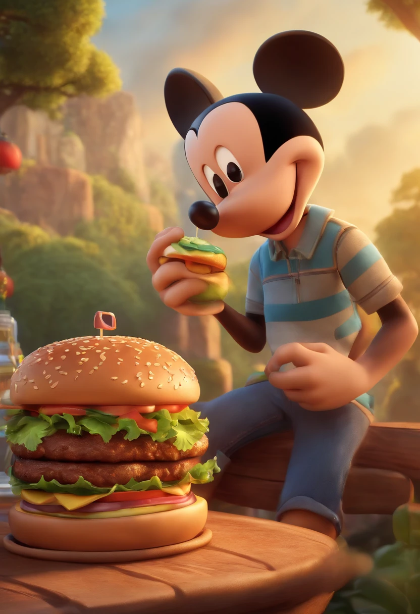 Make a Boy
He's eating hamburgers
Disney cartoon type
He's getting to know Mickey, And he's super happy
Pixar, 3d, disney