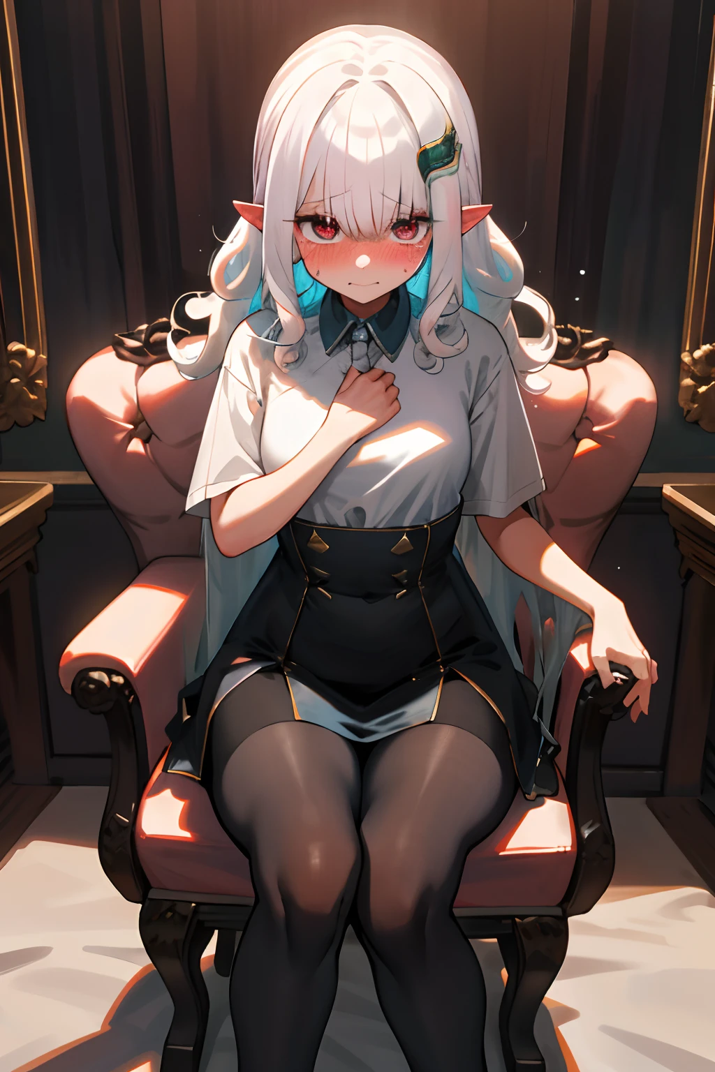 One girl with curly hair, white hair, looking at viewer, embarrassed, blushing, tears, indoor , oversized naked t shirts, pointy ears, perfect waist, bed, night atmosphere, hair ornament, sitting on queen chair, sitting on her throne, pantyhose