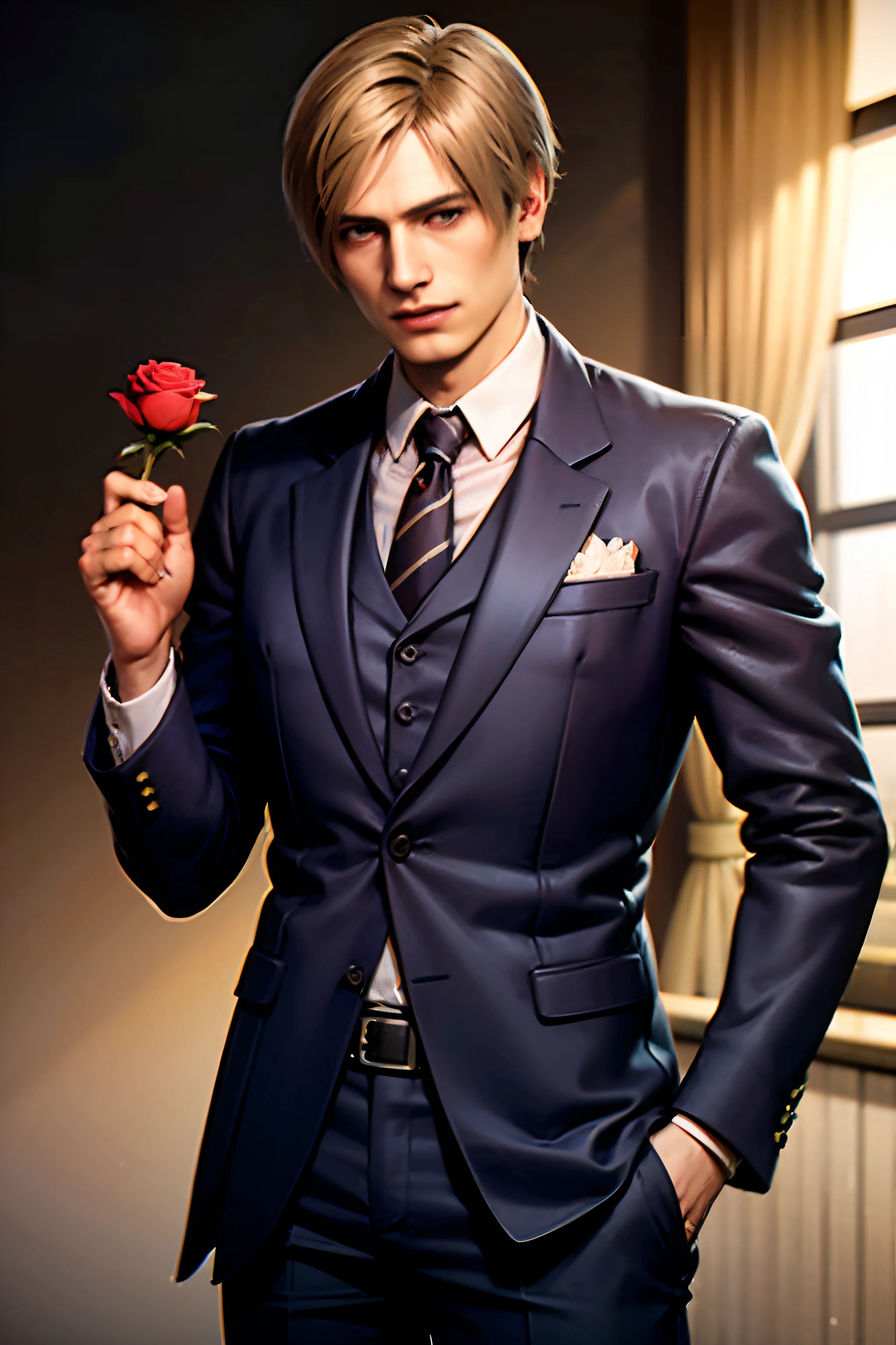 1 boy, cowboy shot re4leon, Leon S. Kennedy from the movie "Resident Evil 4",holds out a rose to the camera, classic suit with tie, smiles, curtain hairstyle, sports