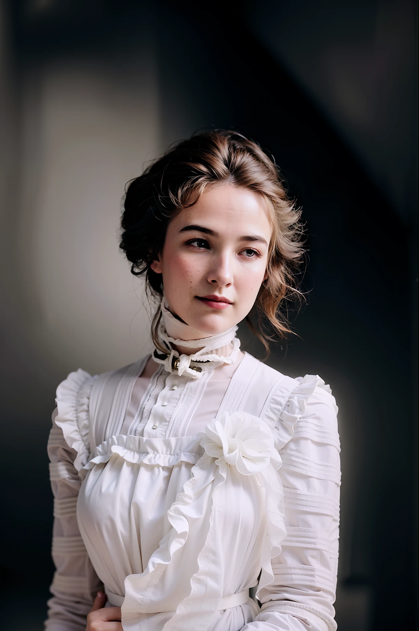 there is a woman in a white dress posing for a picture, colorized 1 9 0 4 photo, a colorized photo, award winning colorized photo, colorized, colourized, colorized photo, a beautiful victorian woman, inspired by Nell Dorr, autochrome pearl portrait, inspired by Thomas Millie Dow, colorized photograph, wearing 1890s era clothes, High quality image, masterpiece, detailed hair texture, detailed skin texture, detailed cloth texture, 8k, add fabric details, ultra detailed skin texture, ultra detailed photo, skin pores, cloth details, high skin details, realistic hair details