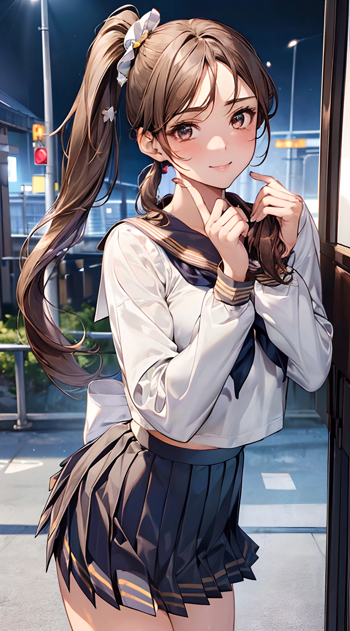 (masterpiece:1.2, top-quality), (realistic, photorealistic:1.4), beautiful illustration, (natural side lighting, movie lighting), nsfw:1.2, 
beautiful hair, beautiful face, beautiful detailed eyes, beautiful clavicle, beautiful body, beautiful chest, beautiful thigh, beautiful legs, beautiful hands, 
looking at viewer, (from behind), full body, 1 girl, japanese, high school girl, perfect face, perfect eyes, cute and symmetrical face, suntan, shiny skin, white skin, slender, 
(long hair:1.5, side ponytail:1.4, brown hair), hair over one eye:1.4, maroon eyes, long eye lasher, (medium breasts), 
((collared short sleeve shirt, white shirt, , grey plaid pleated skirt, blue plaid bow tie), wrist chakra), white panties, 
(((shibari over clothes, arms behind back)), bondage, shibari:1.5, bound arms, bound breasts),
(beautiful scenery), daytime, (standing), (lovely smile, upper eyes),