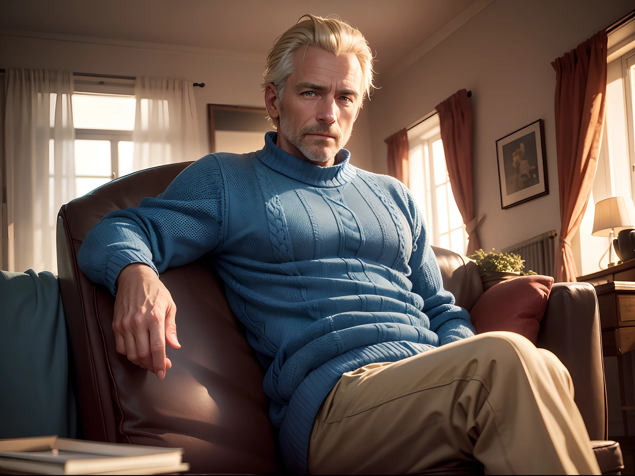 realistic 8k image of a 42-year-old man, short, well-combed blonde hair, dressed in a blue sweater, sitting in an armchair in a living room, German house, winter morning, anime style art