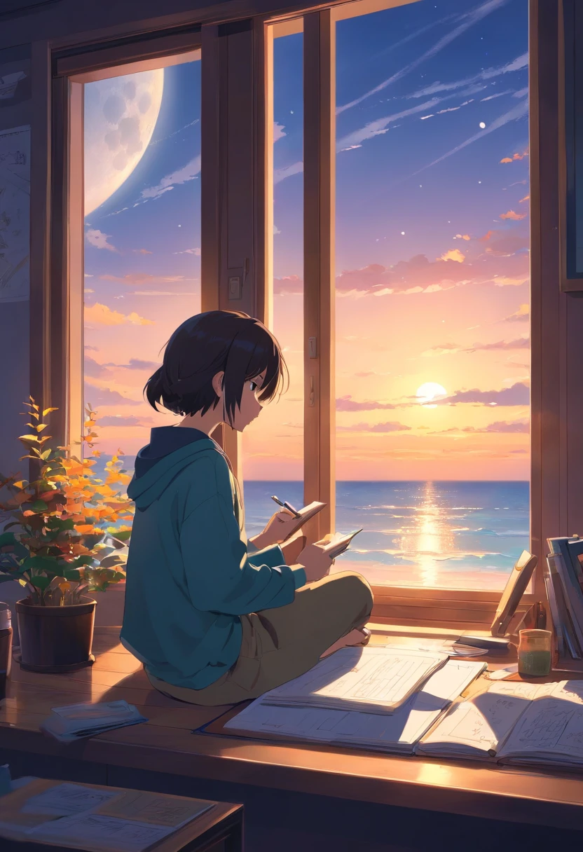 Wallpapers,tmasterpiece,best qualtiy,cinematic Film still from,Boy doing homework by the window,The girl looked at the sky behind her,A full moon,autumnal,beachside