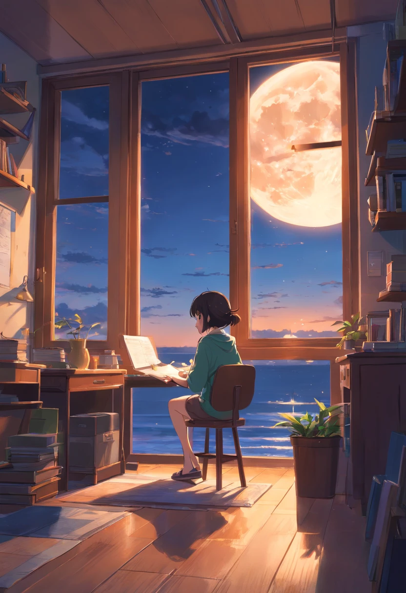 Wallpapers，tmasterpiece，best qualtiy，cinematic Film still from，Boy doing homework by the window，The girl looked at the sky behind her，A full moon，autumnal，beachside