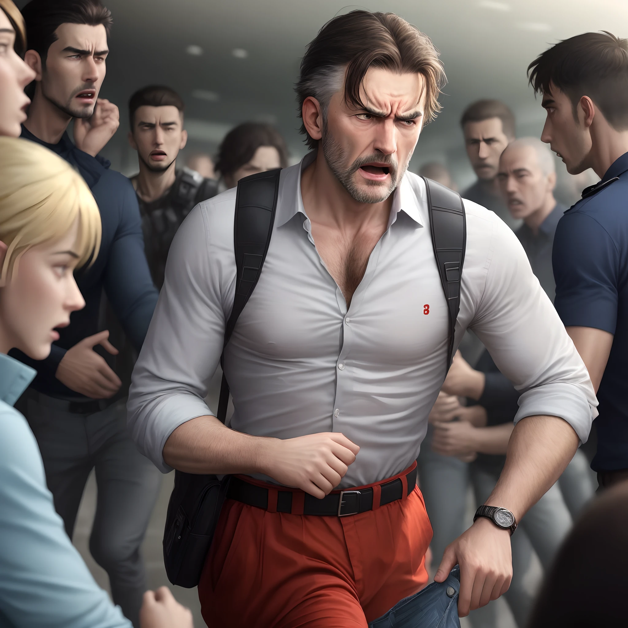 An unltrarealistic man remaining calm in a chaotic situation while those around him are in panic, in a 9:16 format