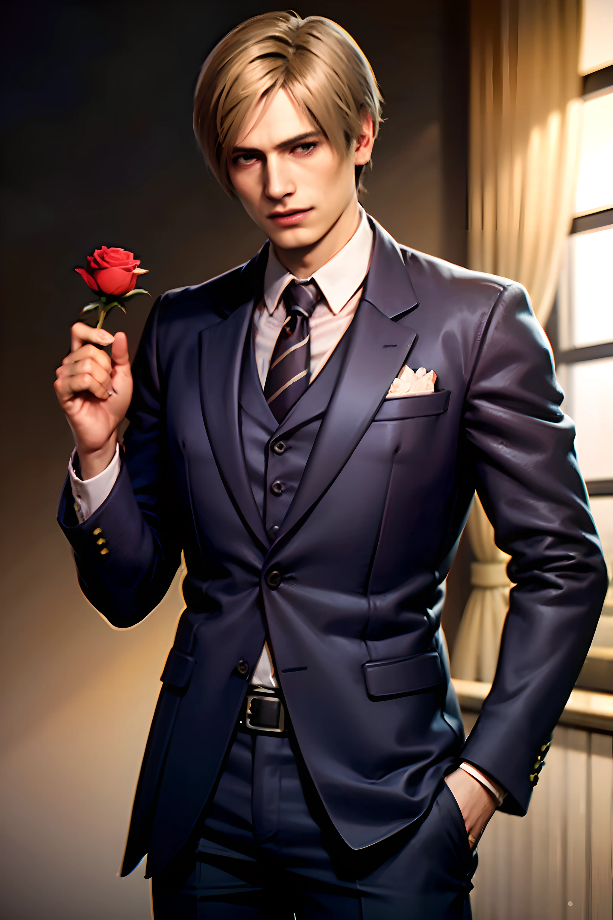 1 boy, cowboy shot re4leon, Leon S. Kennedy from the movie "Resident Evil 4",holds out a rose to the camera, classic suit with tie, smiles, curtain hairstyle, sports