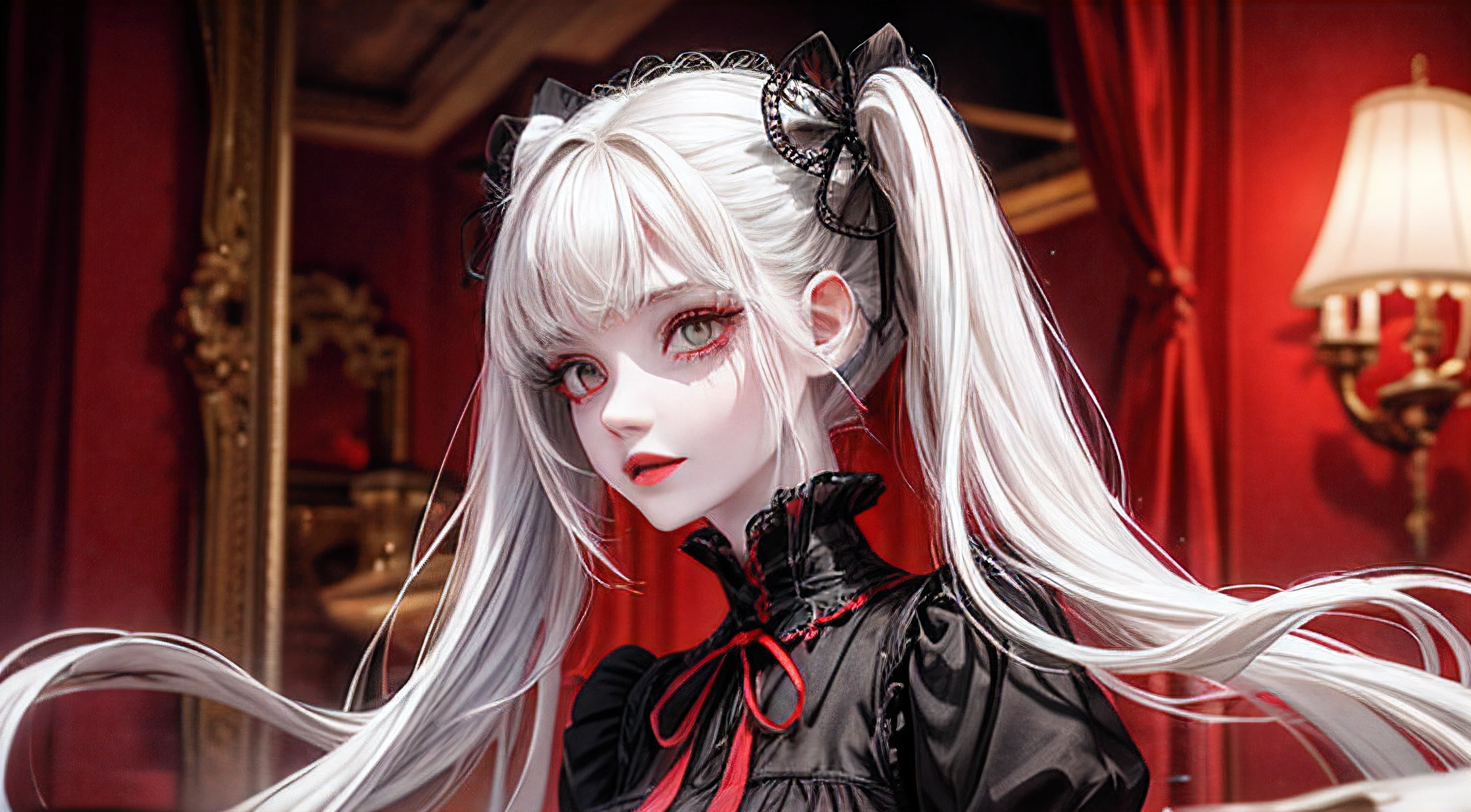 add_detail:2, 1girl, (pale skin:1.3), red eyes, glowing eyes, long hair, white hair, lipstick, twintails, long black dress, frilled dress, intricate details, red details, victorian style, red theme, indoors, splash effect, surrounded by red liquid energy, depth of field, ambient lighting, blurry foreground, blurry background, atmospheric, intricate details, enhanced lighting, volumetric lighting, strong shadow,