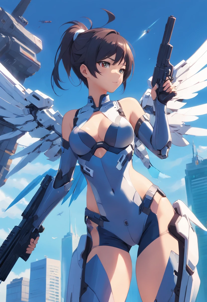 A Sexy asian woman, tall legs, full mecha suit with wings, holding a futuristic gun, black, white, blue , pony tail, cleavage, more skins, very detailed, show abs, show armpit,