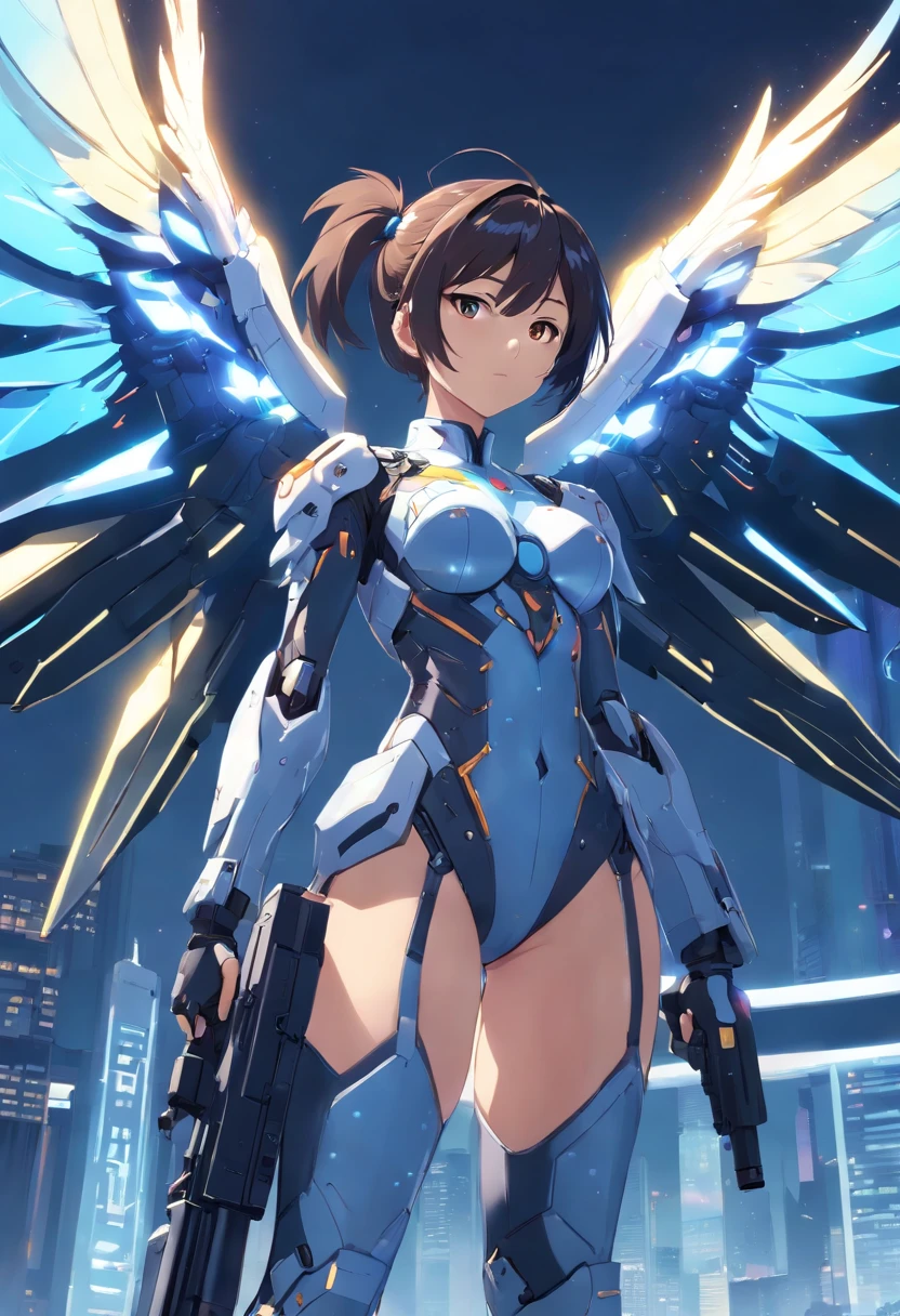 A Sexy asian woman, tall legs, full mecha suit with wings, holding a futuristic gun, black, white, blue , pony tail, cleavage, more skins, very detailed, show abs, show armpit,