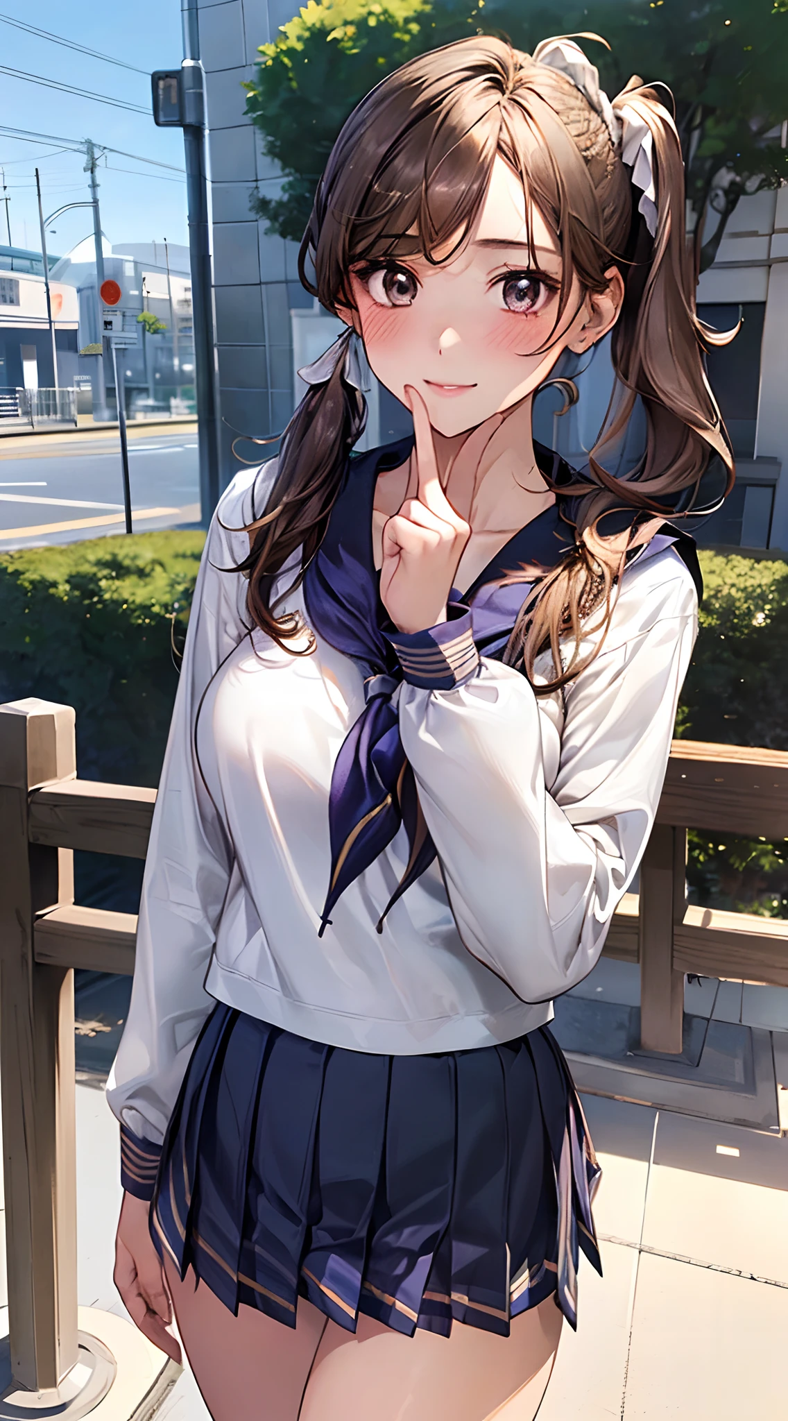 (masterpiece:1.2, top-quality), (realistic, photorealistic:1.4), beautiful illustration,
looking at viewer, cowboy shot, front view:0.8,
1 girl, japanese, high school girl, (long hair:1.5), light brown hair, (side ponytail:1.7), large breasts:0.8,
beautiful hair, beautiful face, beautiful detailed eyes, beautiful clavicle, beautiful body, beautiful chest, beautiful thigh, beautiful legs, beautiful detailed fingers, five fingers,
(beautiful scenery), , school,
((cute school uniform, long sleeves, pleated skirt, sailor collar, scarf)), white panties,
standing, walking,
smile, ,
