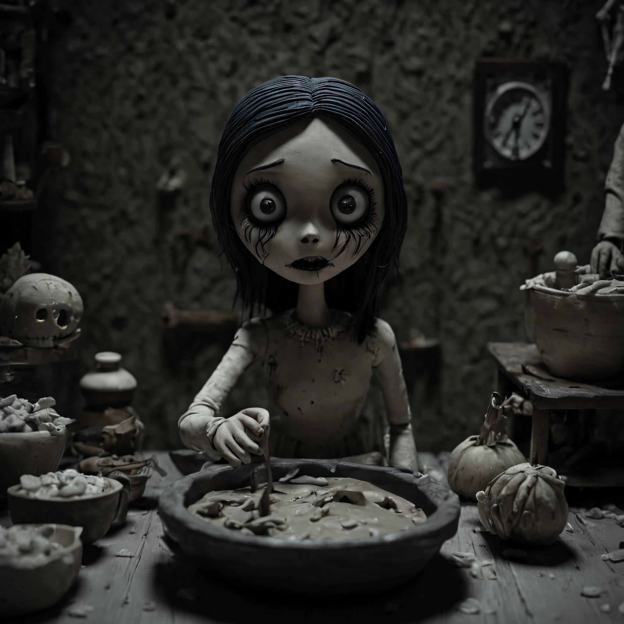 A horror girl, dark scene, horror movie, creepy, detailed,
,Clay Animation, Clay,