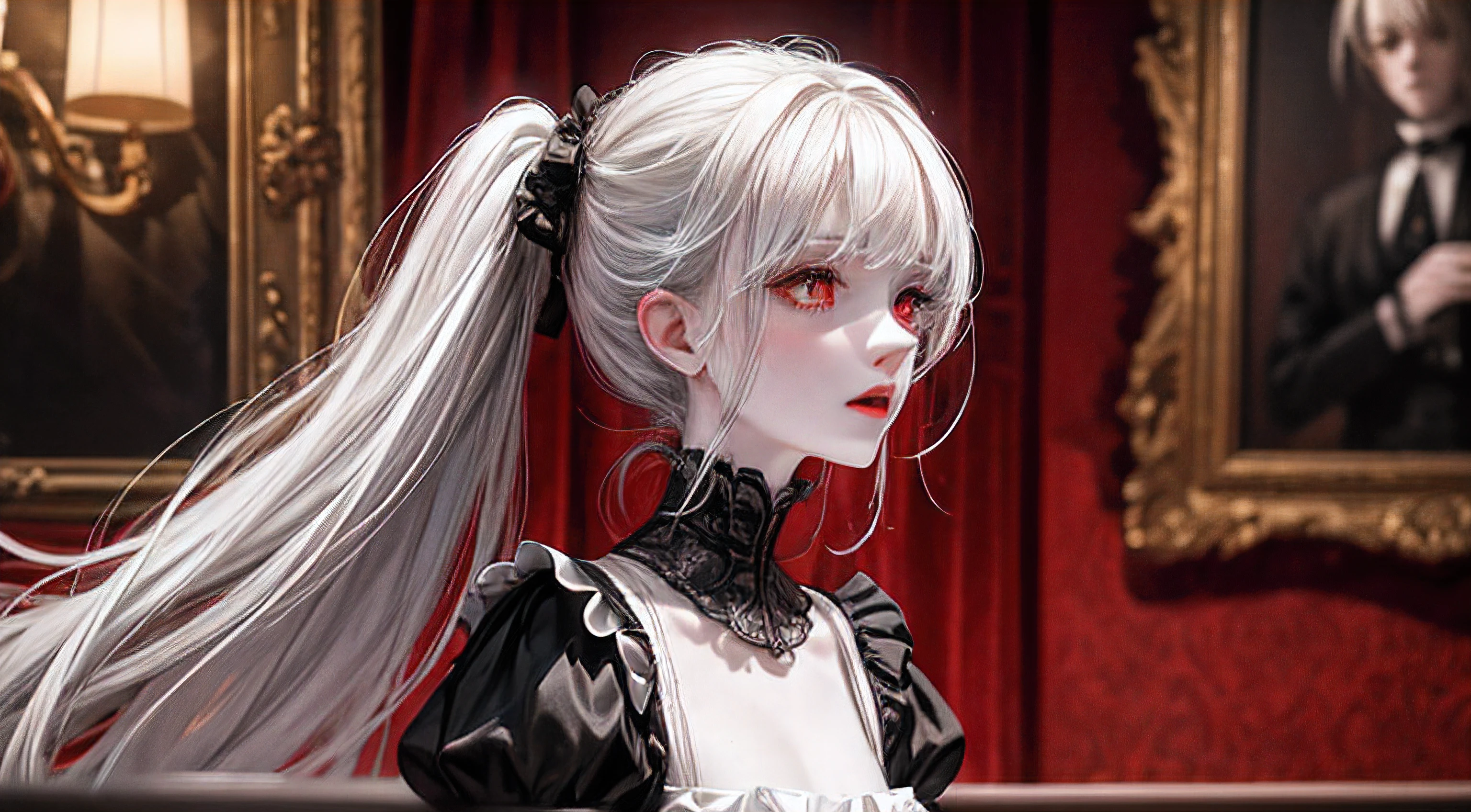 add_detail:2, 1girl, (pale skin:1.3), red eyes, glowing eyes, long hair, white hair, lipstick, twintails, long black dress, frilled dress, intricate details, red details, victorian style, red theme, indoors, splash effect, surrounded by red liquid energy, depth of field, ambient lighting, blurry foreground, blurry background, atmospheric, intricate details, enhanced lighting, volumetric lighting, strong shadow,