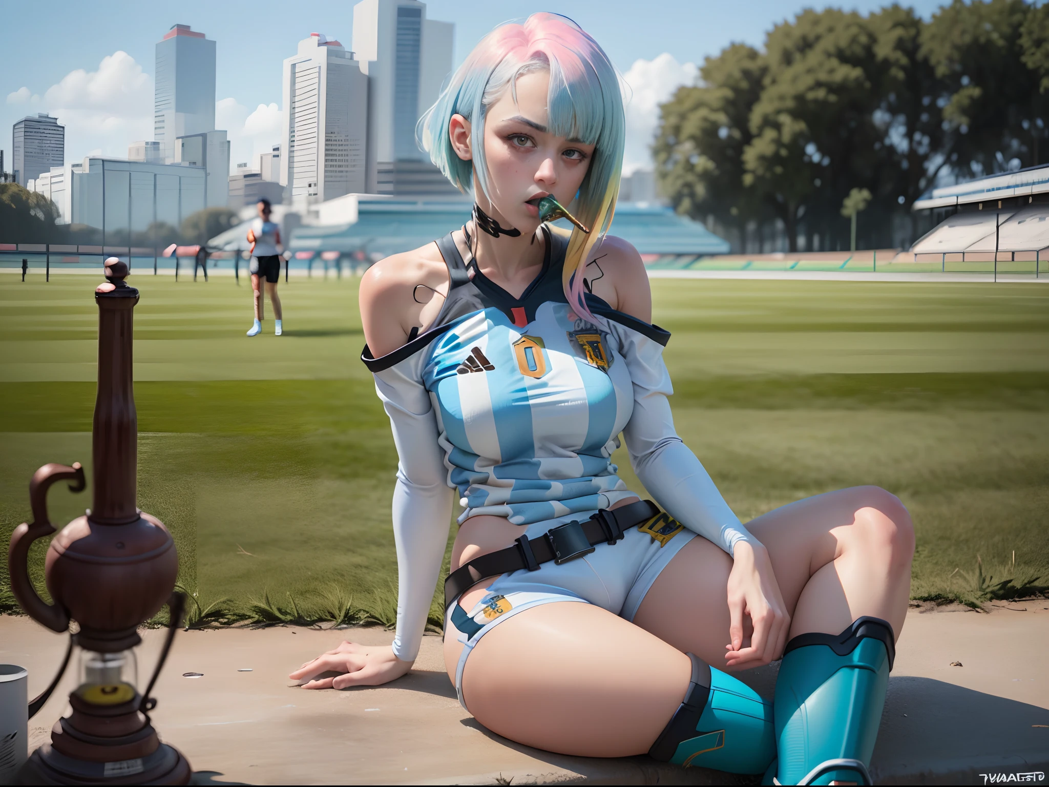 masterpiece, best quality, high resolution, lu1, cyborg, multicolored hair, makeup, bare shoulders, Argentina national team shirt, white football boots, (blowing a bong:1.1), red eyes, smoke coming out of the mouth, belt, shorts, cowboy shot, sitting, in the field