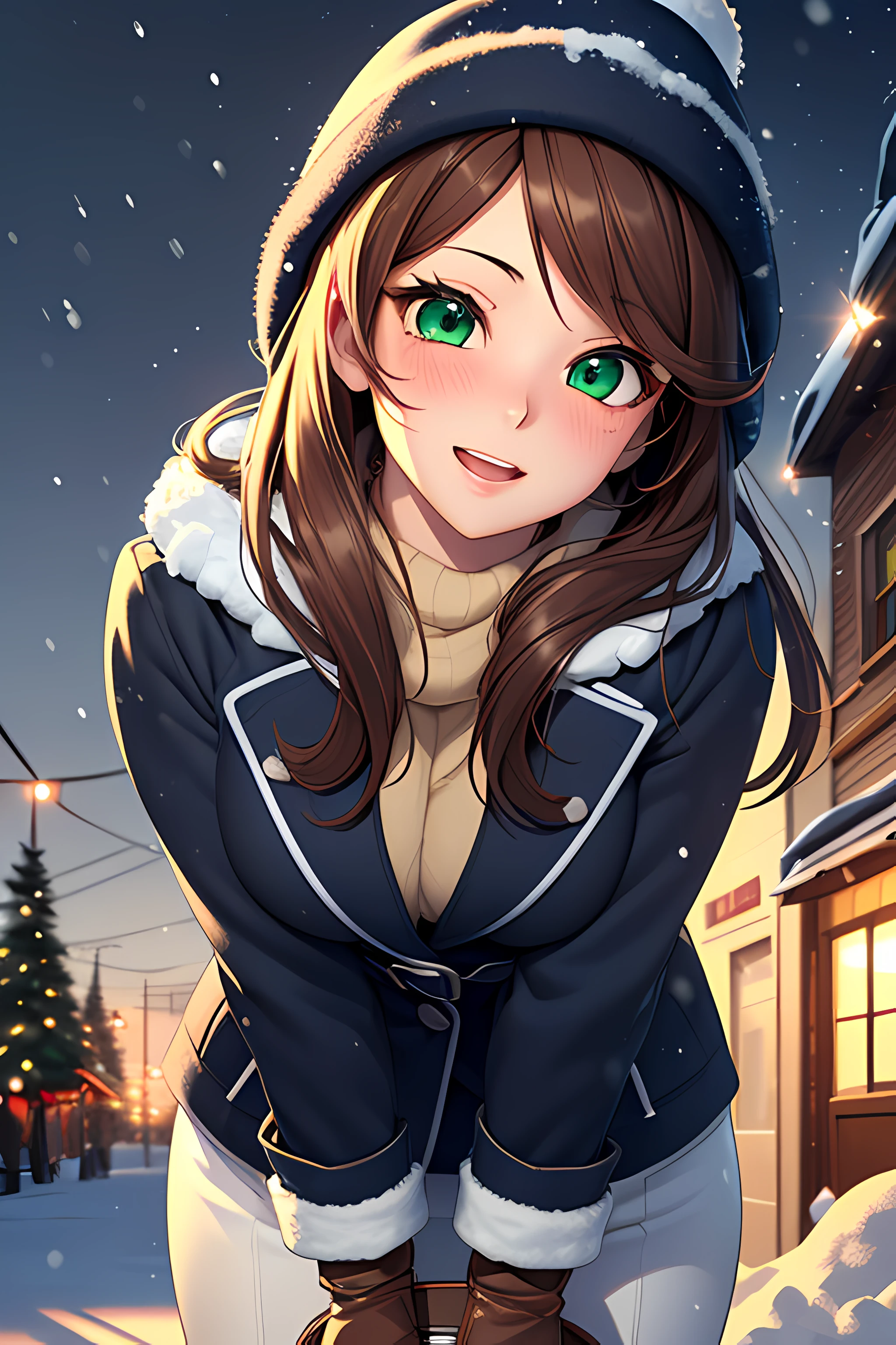 ((masterpiece, best quality, highres, UHD, perfect pixel, depth of field, 4k, RTX, HDR))), 1girl, single, solo, beautiful anime girl, beautiful artstyle, anime character, 24 years old, ((long hair, parted bangs, brown hair)), ((detailed face, blushing:1.2)), ((green eyes:1.8, sparkling effect, detailed eyelashes)), ((smooth texture:0.75, realistic texture:0.5, anime CG style)), medium breasts, dynamic angle, busty, perfect body, ((close up, POV, portrait)), ((winter clothes, coats, jacket, winter hat, mittens, gloves, long underwear, snow shoes)), night, night lamp, city lights, bokeh:1.4, (outdoor, city buildings, crowd), (fashionable, handbag), ((winter, snow, snow crystal, winter pine trees)), smile, open mouth, leaning forward, hands behind back