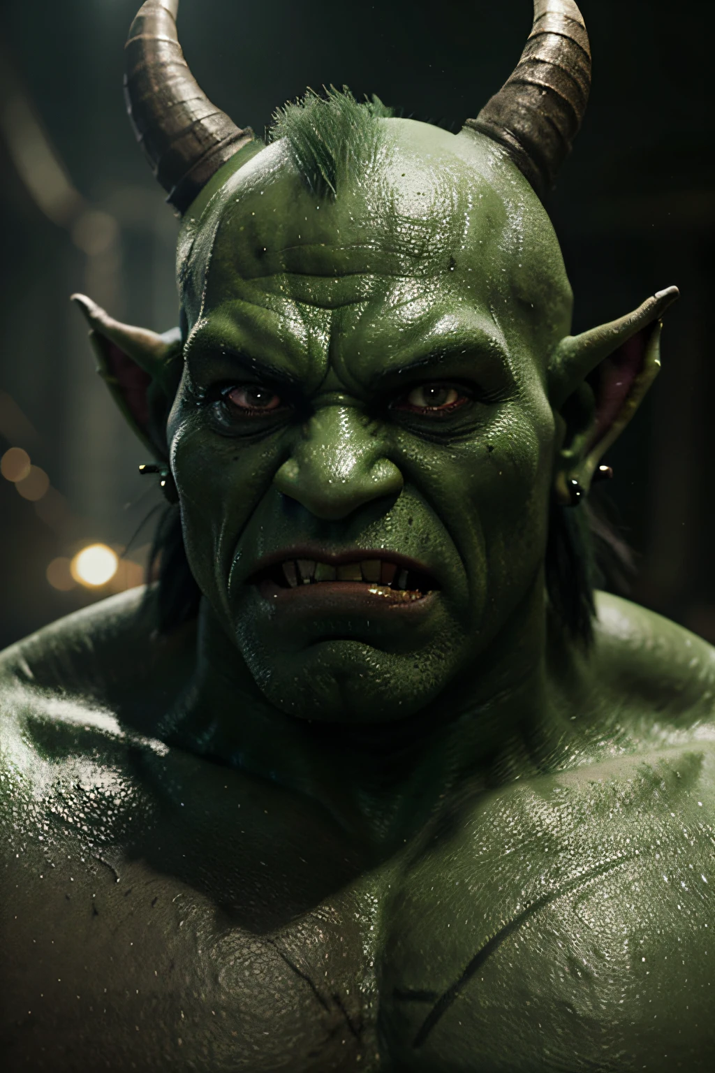 Fantasy orc, video game character, cgi, big fangs, horns, green Mohawk, fierce