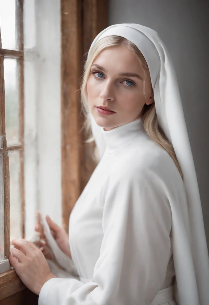 Grayscale of a pretty blonde nun with white clothes, 25 years old, opening the window, pretty soft make up, blue eyes, holding the wooden window