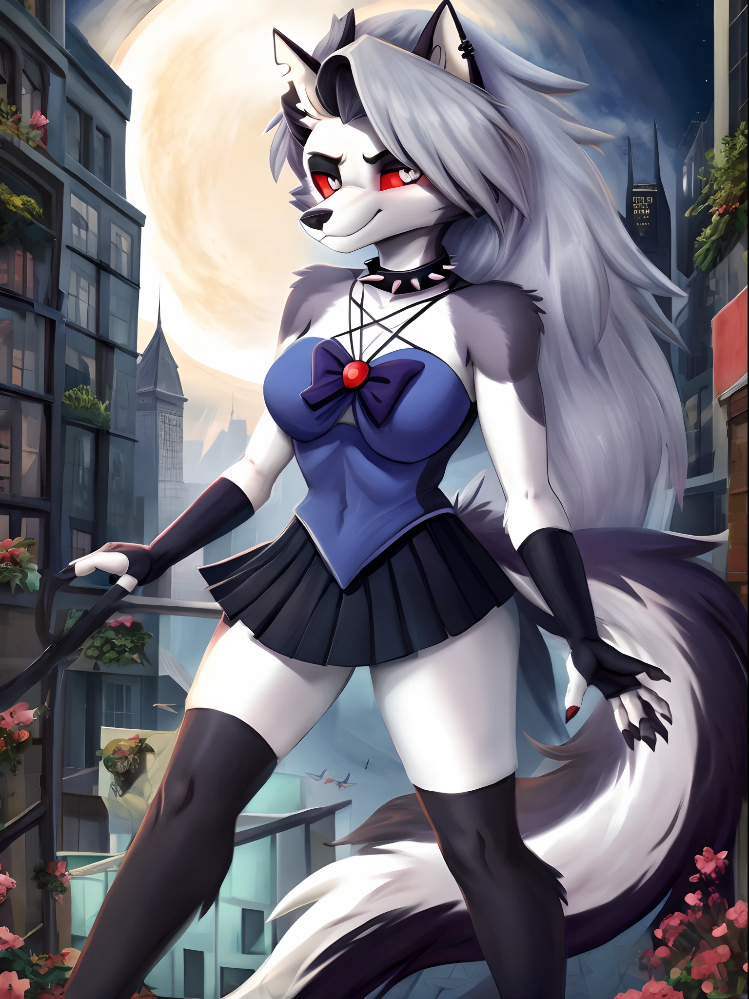 1girl, ((loona hellhound:1.2)) (furry:1.2), (fluffy:1.1), (anthro:1.2), (snout:1.2), smile, spiked collar, long hair, (loonasailorsenshiunifrom:1.1), (slit pupils:1.1, white eyes:1.1, red sclera), rooftop, plants, urban, masterpiece, best quality, highres, sv1, sailor senshi uniform, elbow gloves, tiara, black bow, black sailor collar, white gloves, jewelry, white leotard, black sailor skirt, sailor_moon pose