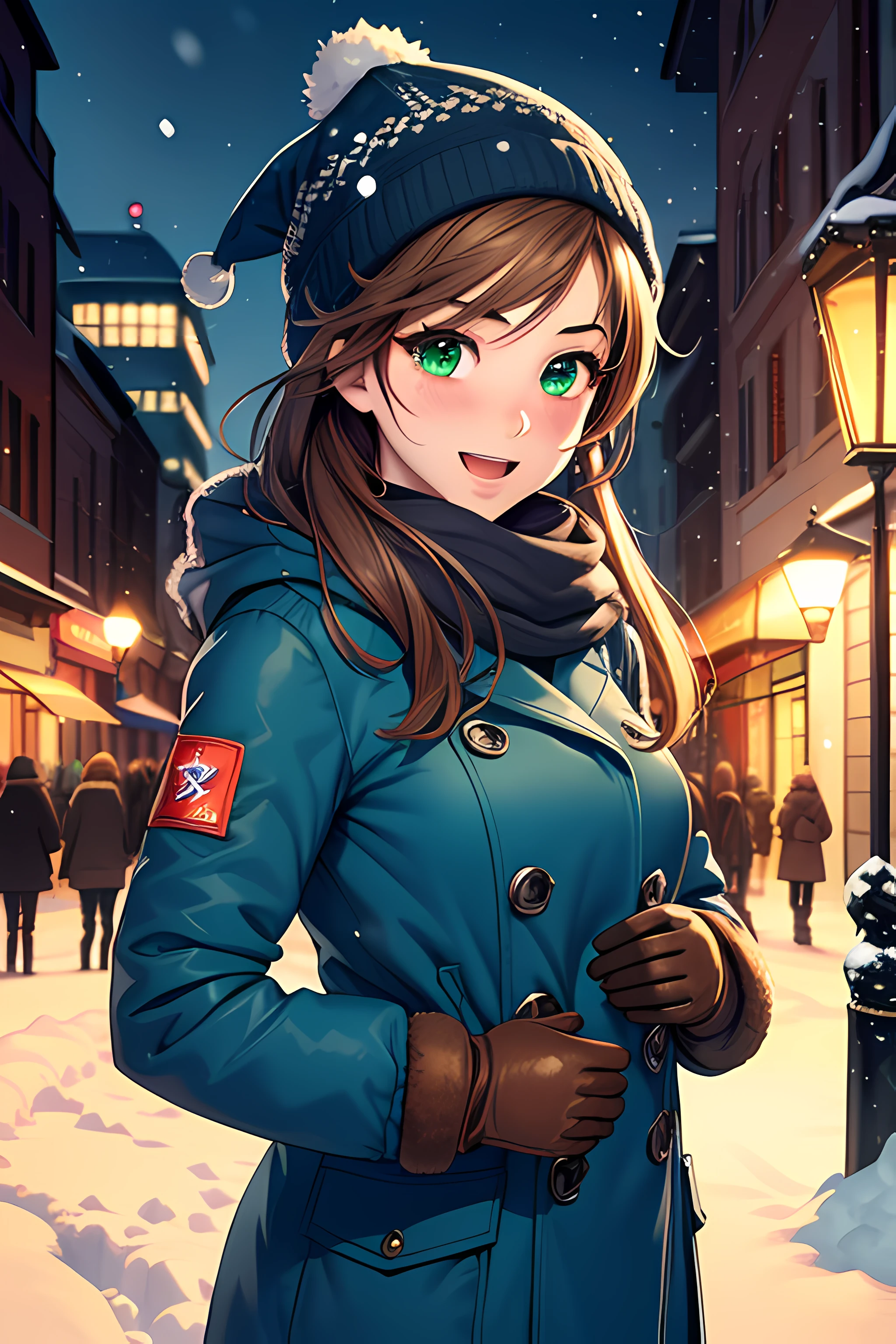 ((masterpiece, best quality, highres, UHD, perfect pixel, depth of field, 4k, RTX, HDR))), 1girl, single, solo, beautiful anime girl, beautiful artstyle, anime character, 24 years old, ((long hair, parted bangs, brown hair)), ((detailed face, blushing:1.2)), ((green eyes:1.8, sparkling effect, detailed eyelashes)), ((smooth texture:0.75, realistic texture:0.5, anime CG style)), dynamic angle, busty, perfect body, POV, ((winter clothes, coats, jacket, winter hat, mittens, gloves, long underwear, snow shoes)), night, night lamp, city lights, bokeh:1.4, (outdoor, city buildings, crowd), (fashionable, handbag), ((winter, snow, snow crystal, winter pine trees)), smile, open mouth, hands behind back