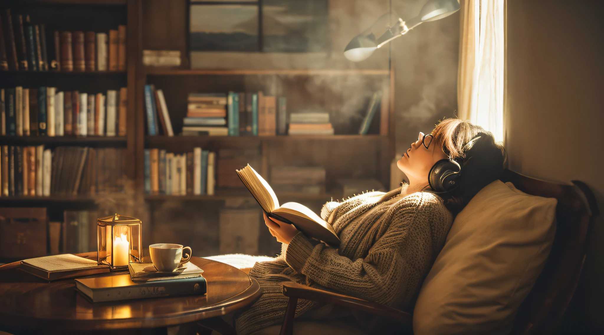 bookworm, surrounded by books, holding a cup of coffee, coffee mug, cozy reading nook, comfortable armchair, reading glasses, bookmark, bookshelf, book covers, book pages, bookcase, library, book lover's paradise, warm lighting, peaceful atmosphere, vintage novels, leather-bound books, wooden shelves, worn-out pages, a steaming cup of coffee, aromatic coffee beans, relaxing aroma, quiet ambiance, captivating storylines, imaginative worlds, intellectual escape, focused reading, serene solitude, literary sanctuary, curled-up posture, engrossed in a book, enchanted by the words, deep in thought, serene expression, coffee stain on the book, coffee aroma and pages intertwined, cozy blanket, literary treasures, worn-out armchair, flickering candlelight, inspiring quotes, the turning of pages, timeless classics, hidden gems, cherished tales, immersive reading experience, whispered pages, unfolding adventures, literary journey, tranquil reading escape, mindfulness, a symphony of words, coffee awakening the senses, blissful escape, literary paradise, intellectual nourishment, peaceful haven of knowledge. (best quality, highres), (coffee:1.1), (relaxing:1.2), (cozy:1.1), (serene:1.1), (peaceful:1.1), (quiet:1.1), (warm:0.9), (vintage:1.1), (aromatic:1.1), (captivating:1.1), (imagination:1.1), (intellectual:1.2), (escape:1.1), (immersive:1.2), (timeless:1.1), (tranquil:1.1), (mindfulness:1.1), (blissful:1.1), (nourishment:1.1).